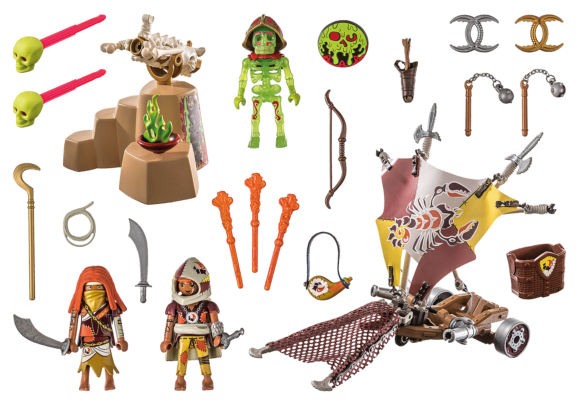 Playmobil-Piraten-Set mit Figuren, Waffen und Zubehör auf weißem Hintergrund.