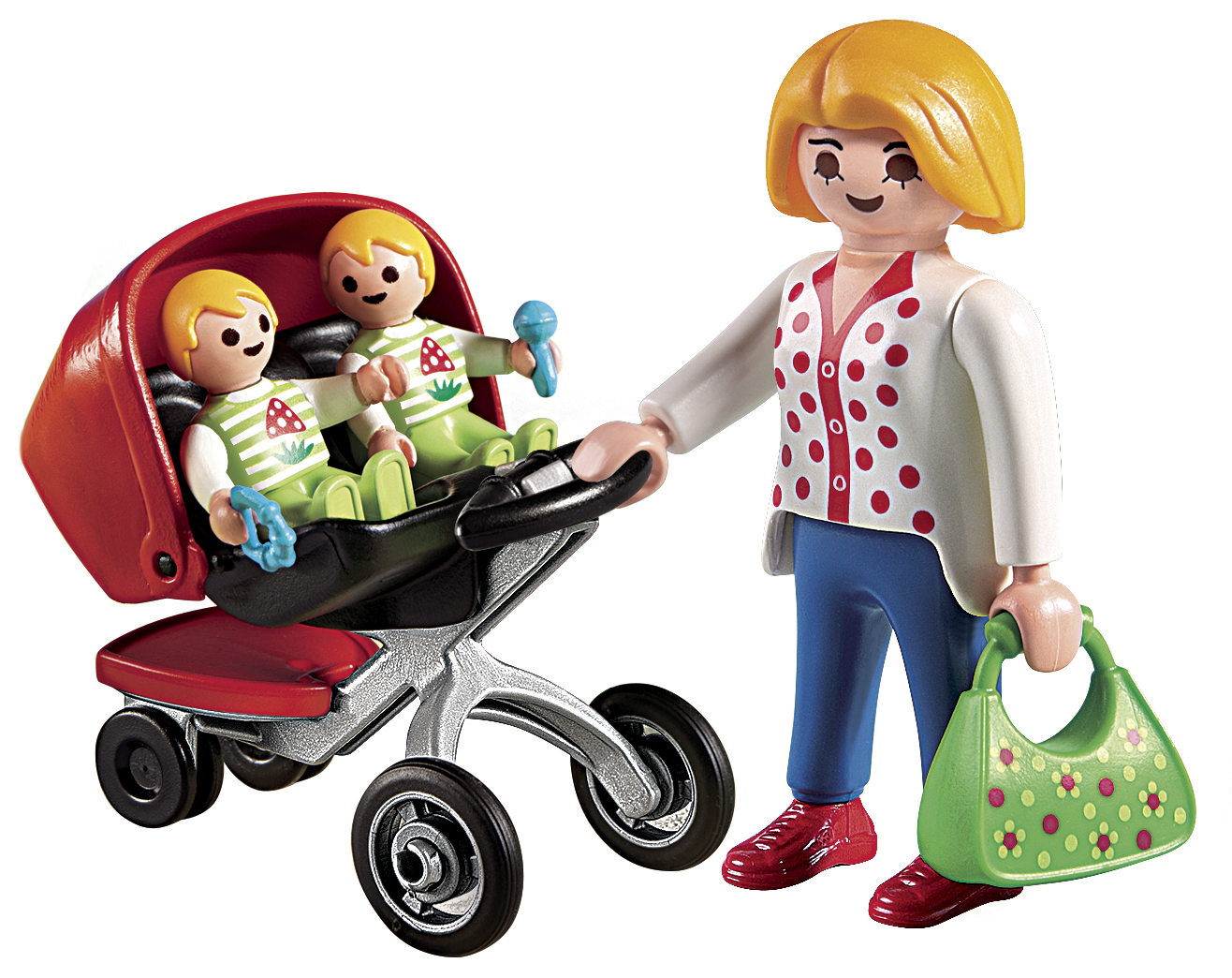 Eine Spielzeugszene mit einem Kinderwagen, zwei Spielzeugbabys und einer Figur, die den Kinderwagen schiebt.