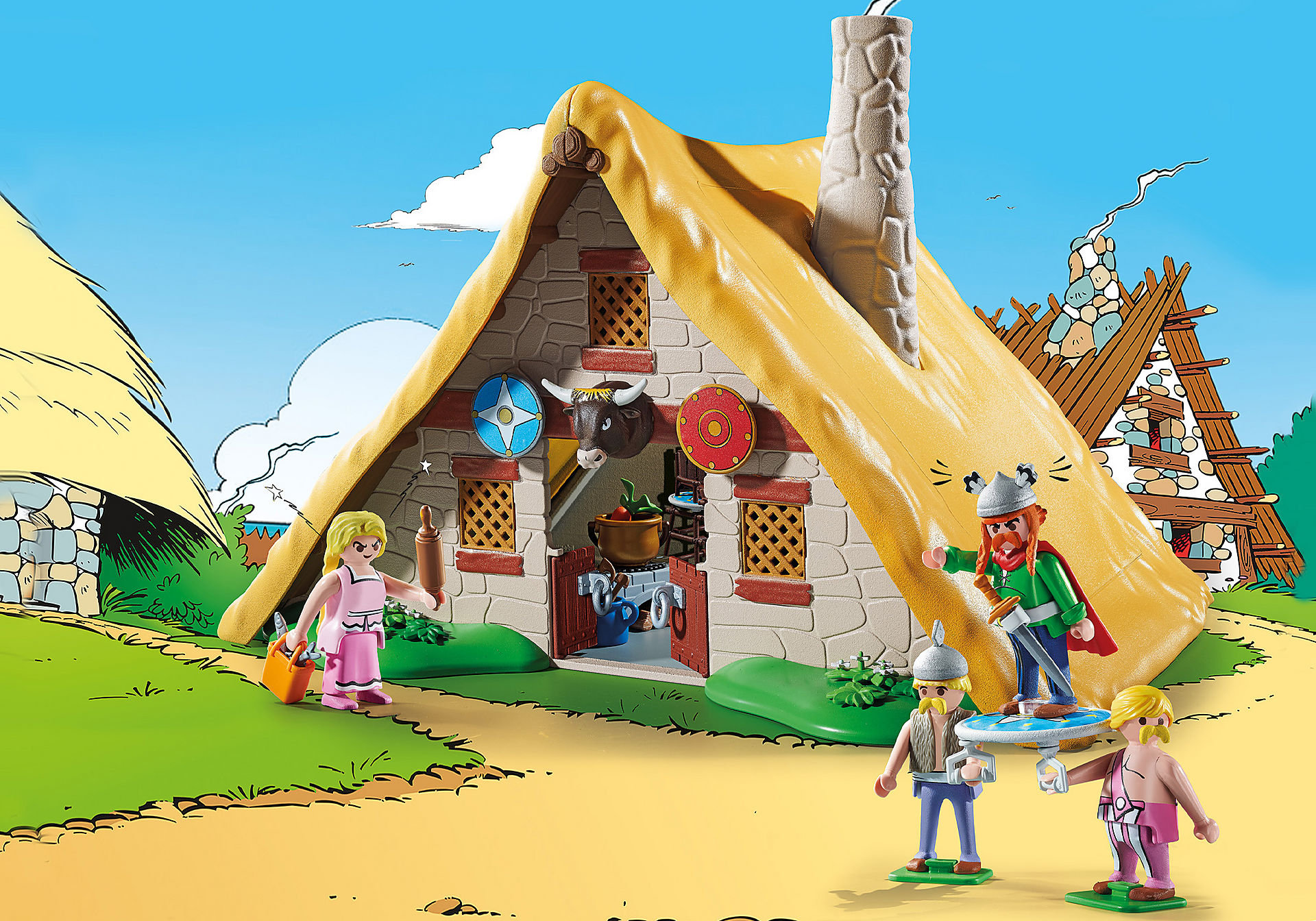 Zeichentrick-Szene mit einem Wikingerhaus und Charakteren.