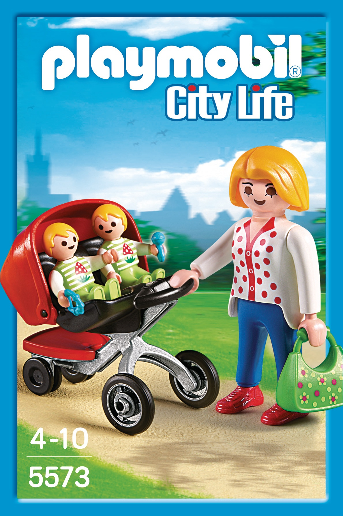 Playmobil City Life Box-Set mit einer Mutter, die einen Kinderwagen mit zwei Babys schiebt.