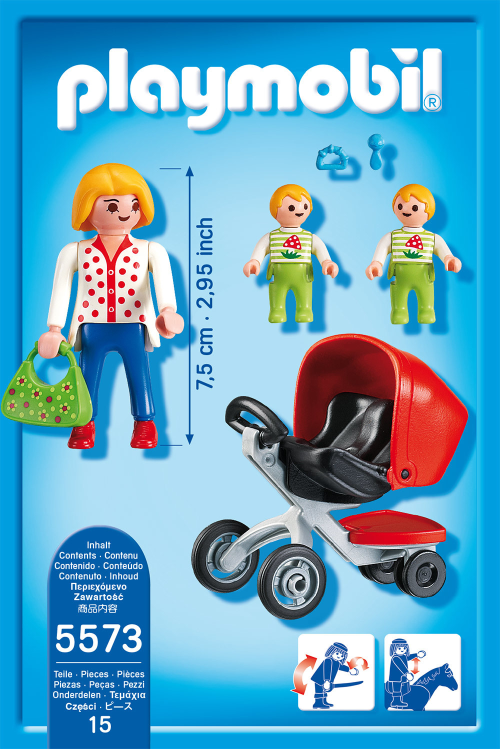 Playmobil-Set mit Mutter, zwei Kindern, Kinderwagen; die Box zeigt den Inhalt.