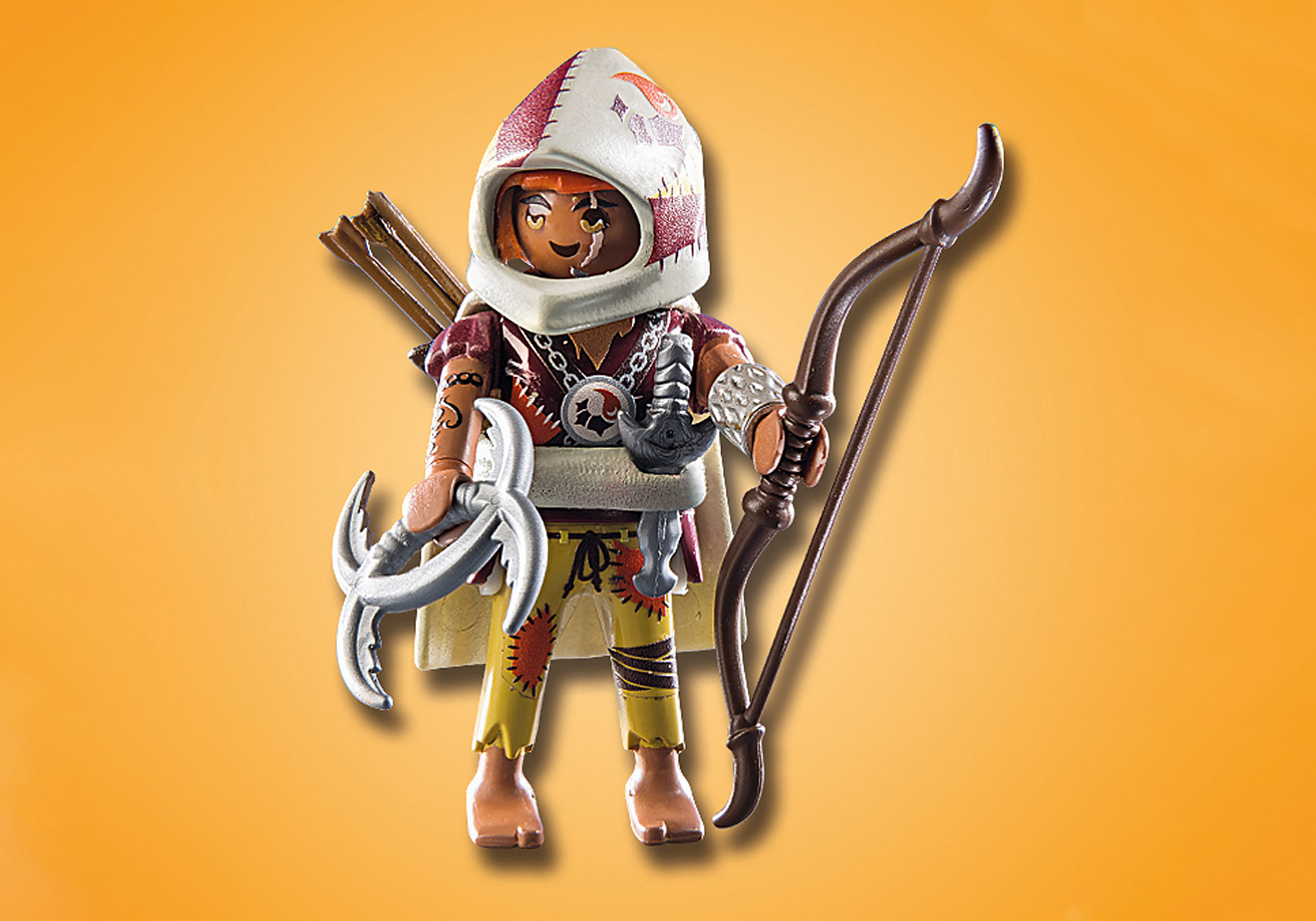 Playmobil-Figur eines Banditen mit Pfeil und Bogen und einer gebogenen Waffe.