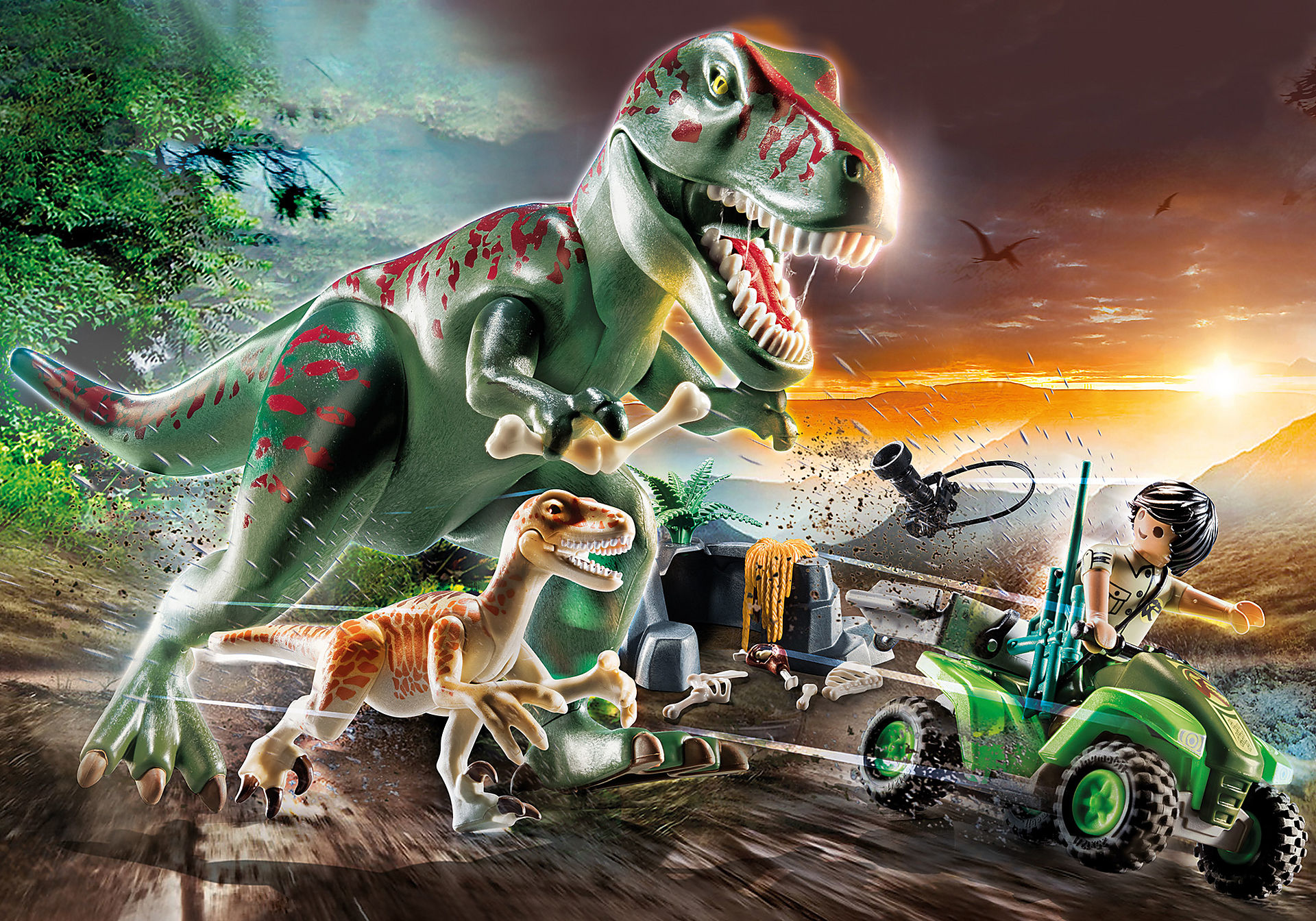 Ein grüner Dinosaurier greift Jeep mit Fahrer an. Ein anderer Dinosaurier rennt weg.