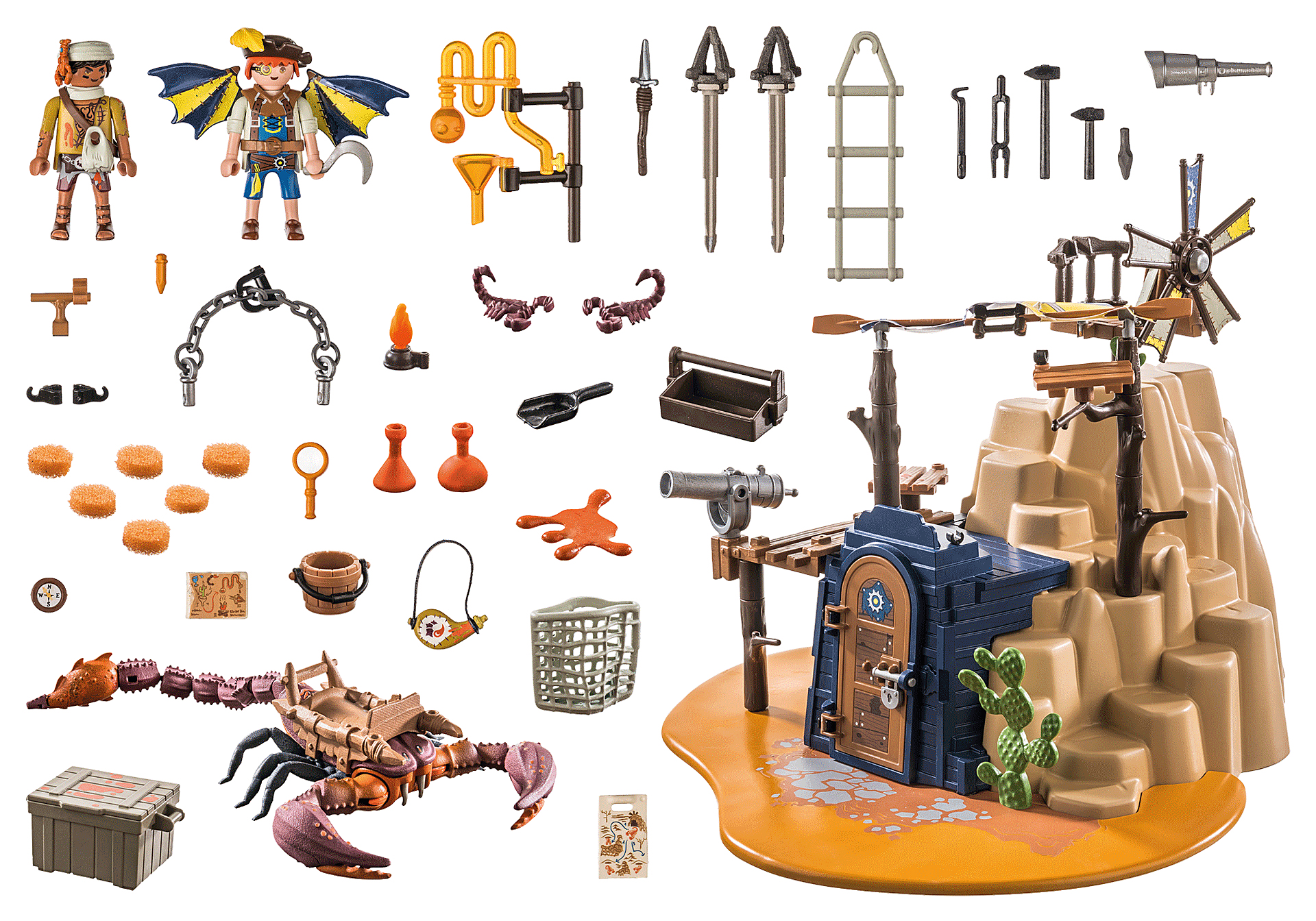 Ein Spielzeugset mit Figuren, einem Gebäude und Zubehör, darunter ein Skorpion und eine Windmühle. Hauptsächlich braune und beige Farben.