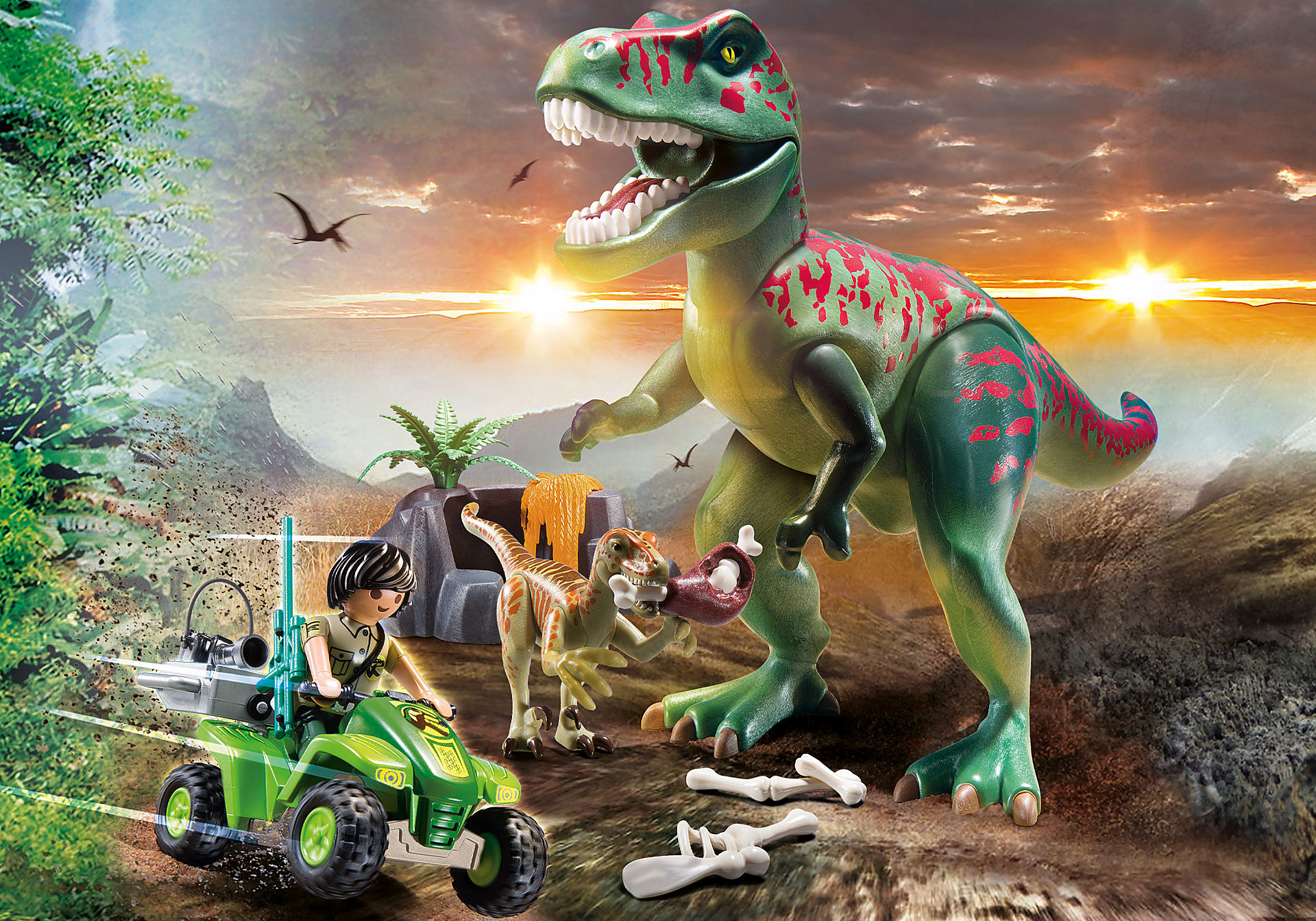 Spielzeug-T-Rex mit Dinosaurier-Auto und Person. Hintergrund ist eine Landschaft mit Sonnenuntergang.
