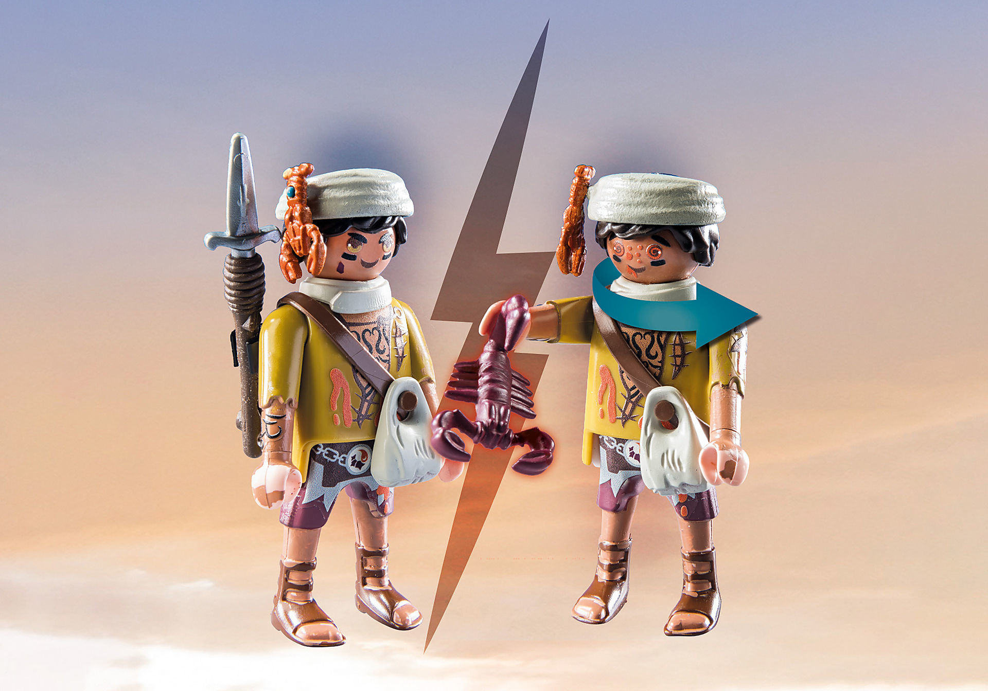 Zwei Spielfiguren von Kriegern mit Zubehör und einem Blitzgrafik zwischen ihnen.