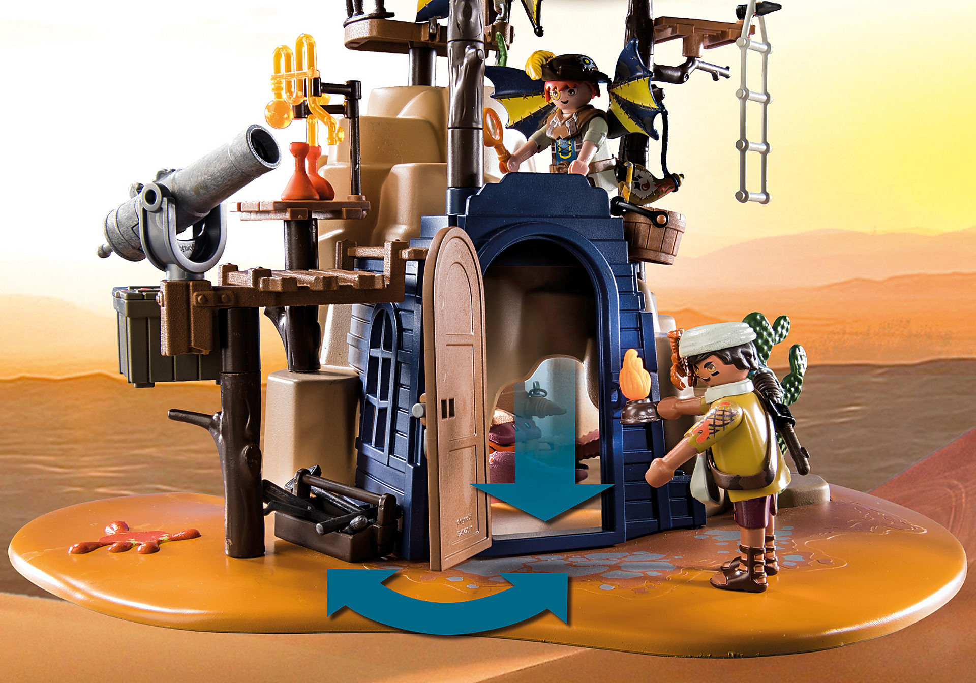 Ein Spielzeug-Piratenschiff mit einer Piratenfigur, einem Geist und anderem Zubehör zum Thema Piraten.