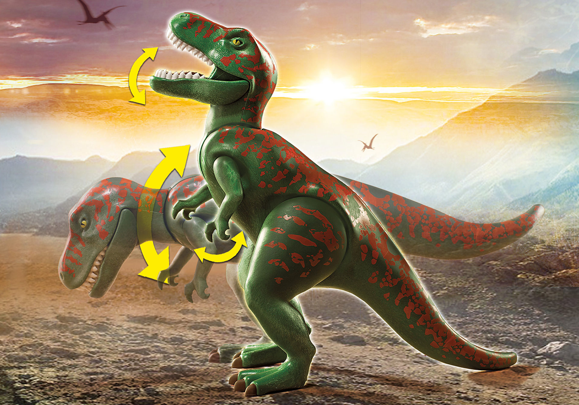 Grüner und roter Spielzeug-Dinosaurier mit rotierenden Teilen.
