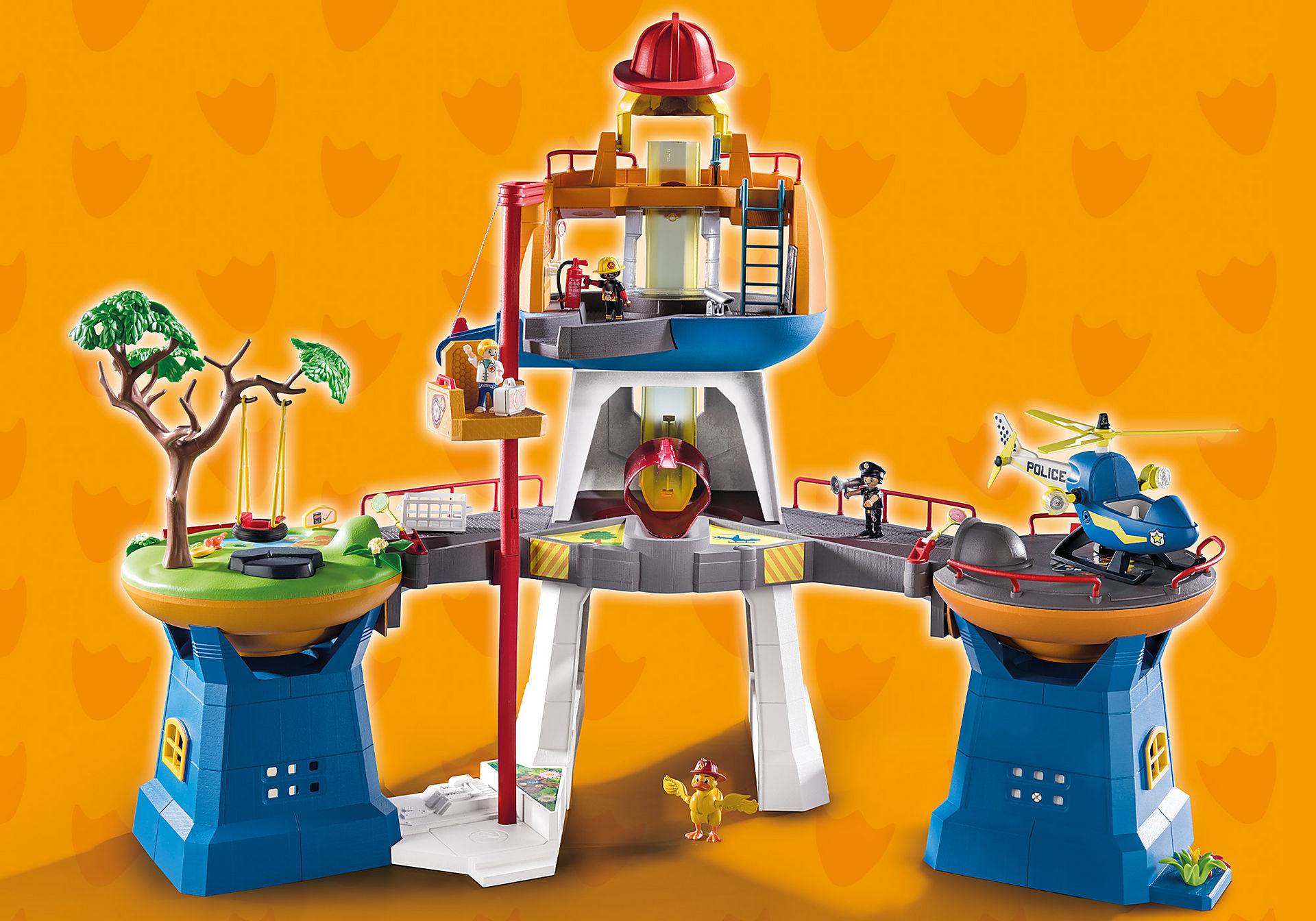 Spielzeug-Spielset mit Türmen, Hubschrauber und Figuren. Oranger Hintergrund.