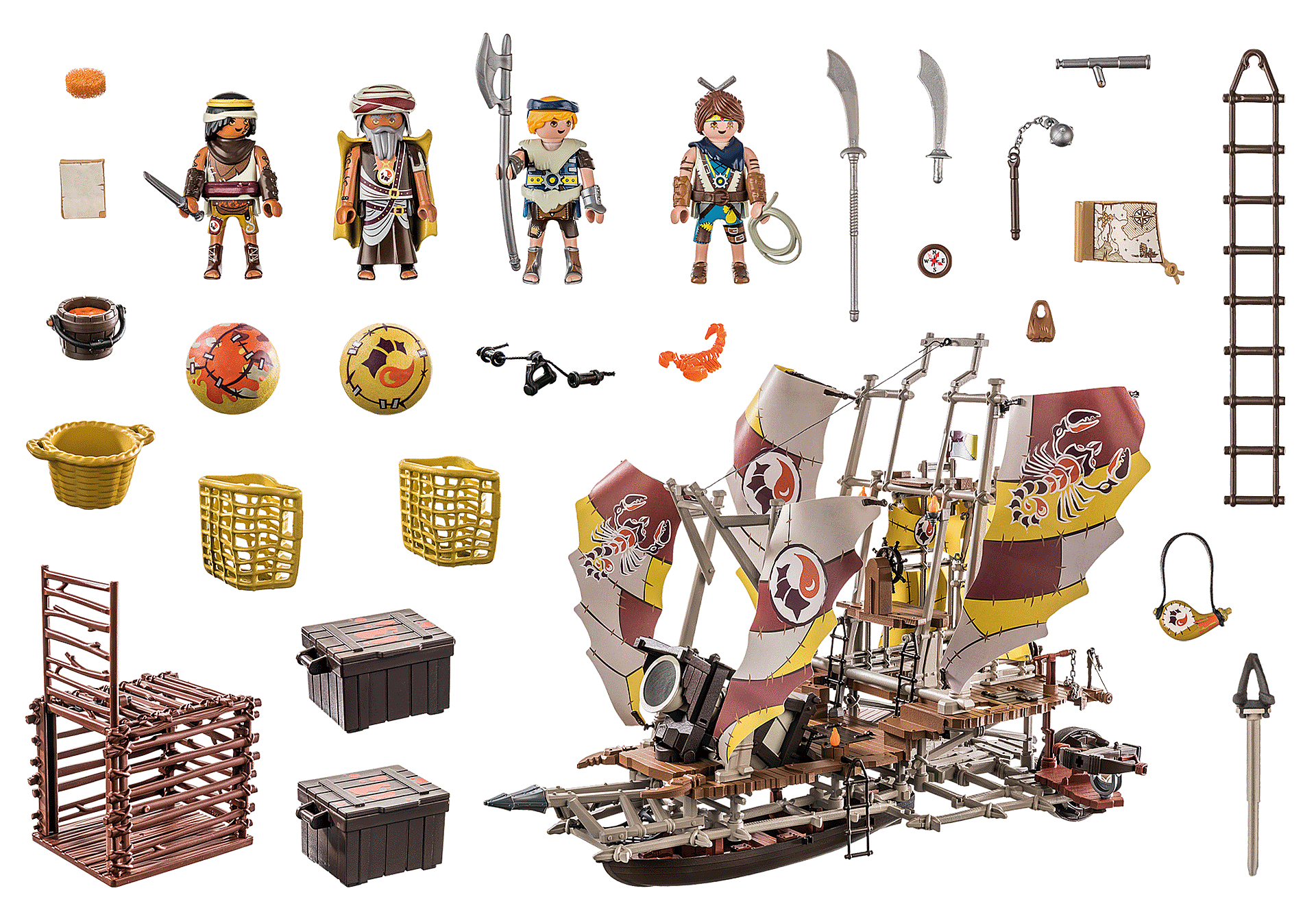 Playmobil-Set mit Figuren, Waffen und einem großen Schiff.