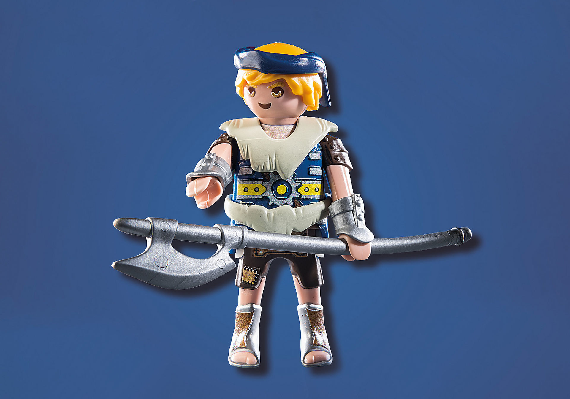 Playmobil-Figur eines Ritters mit Axt, vor blauem Hintergrund.