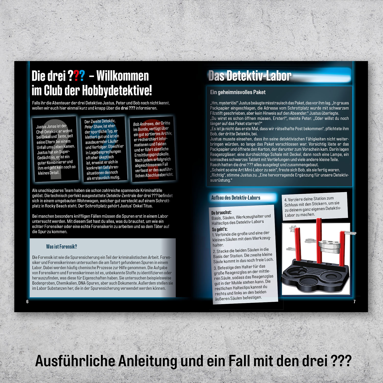 Eine Magazinseite mit Text und Bildern über einen Detektivclub und ein Labor.