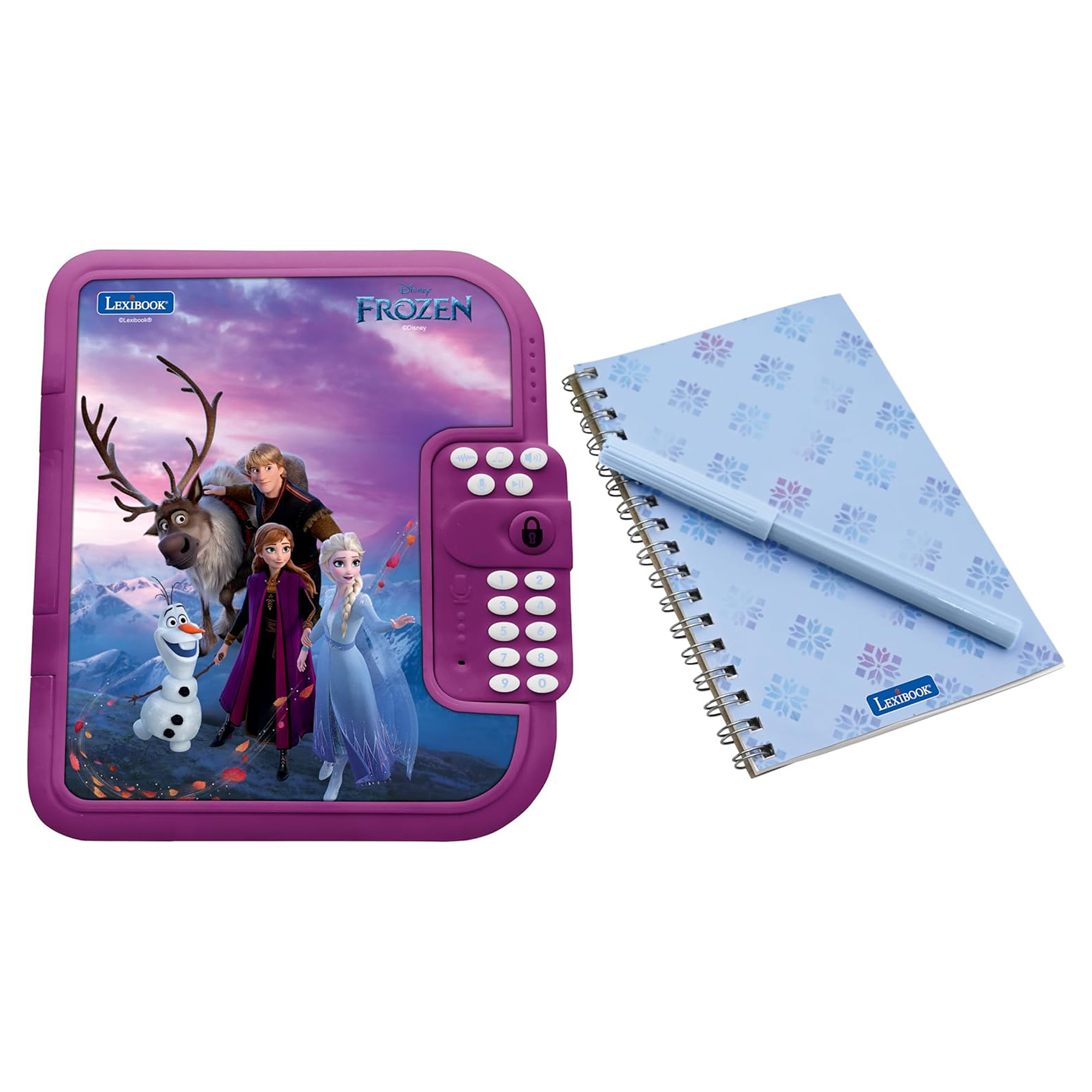 Dziennik i notatnik z motywem Frozen i długopisem. Białe tło.