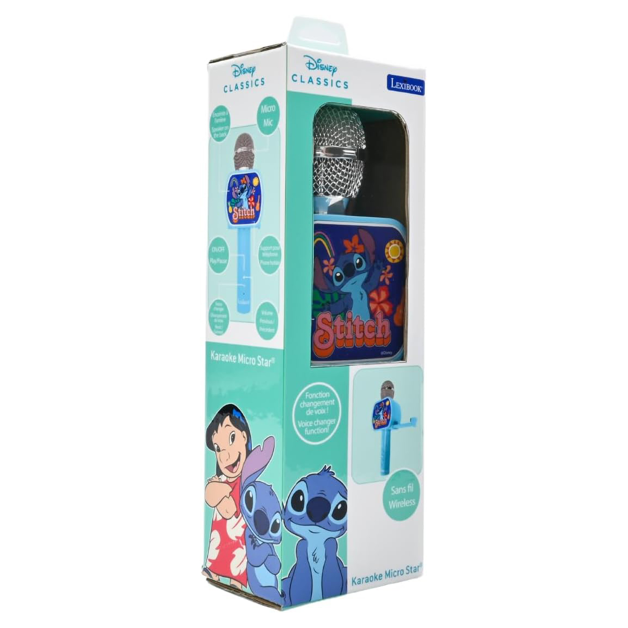 Zapakowany mikrofon karaoke z motywem Stitch. Zawiera mikrofon i zdjęcia Stitch i Lilo.