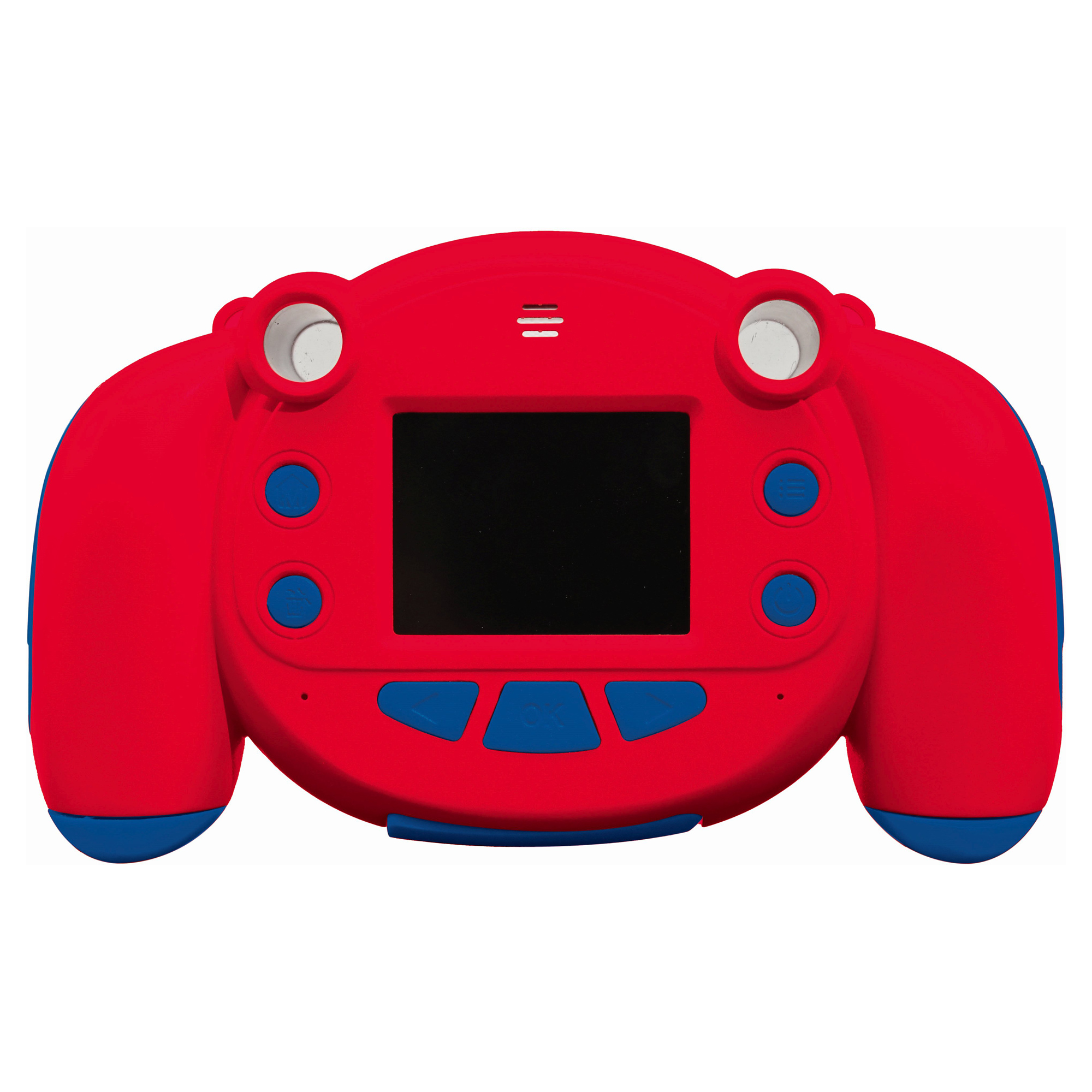 Czerwony aparat zabawka z czarnym ekranem, niebieskimi przyciskami i białymi soczewkami.