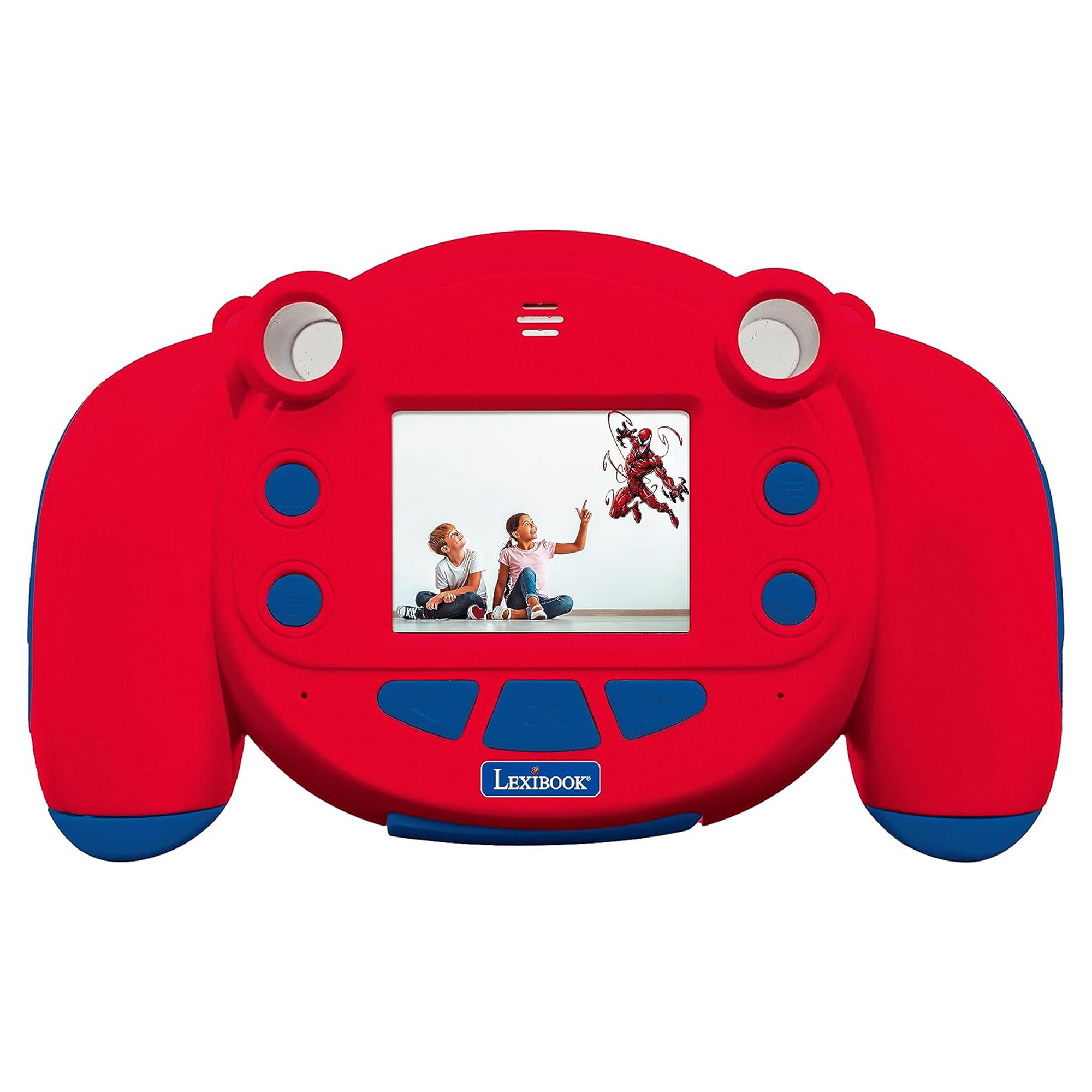 Czerwony tablet z kreskówką na ekranie, niebieskimi przyciskami i czerwonymi uchwytami.