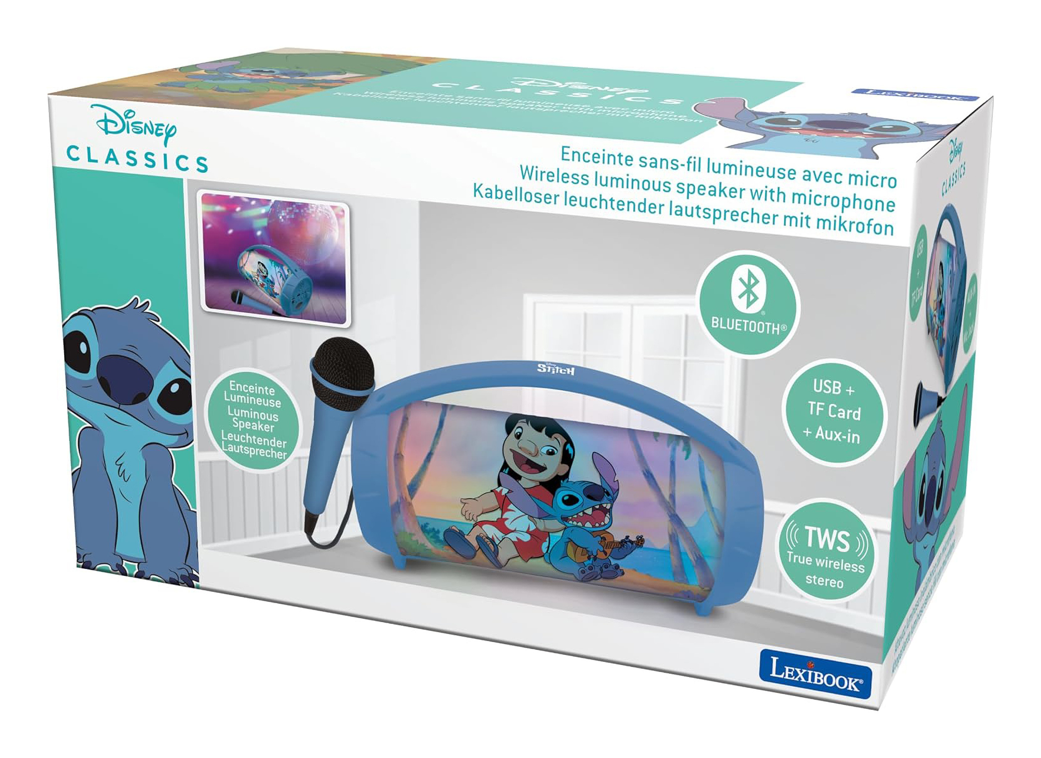 Scatola mostra Stitch e Lilo sul davanti, con un altoparlante blu e un microfono. Disney Classics.