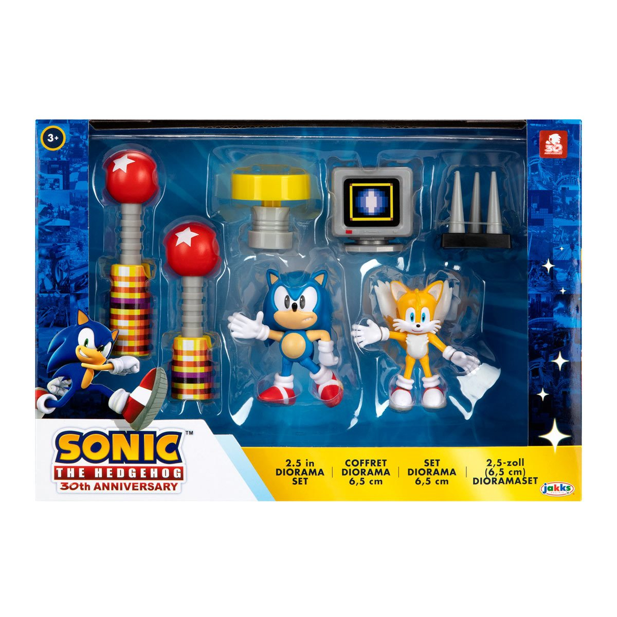 Sonic the Hedgehog Spielzeug-Set, einschließlich Figuren von Sonic, Tails und Zubehör, auf blauem Hintergrund.