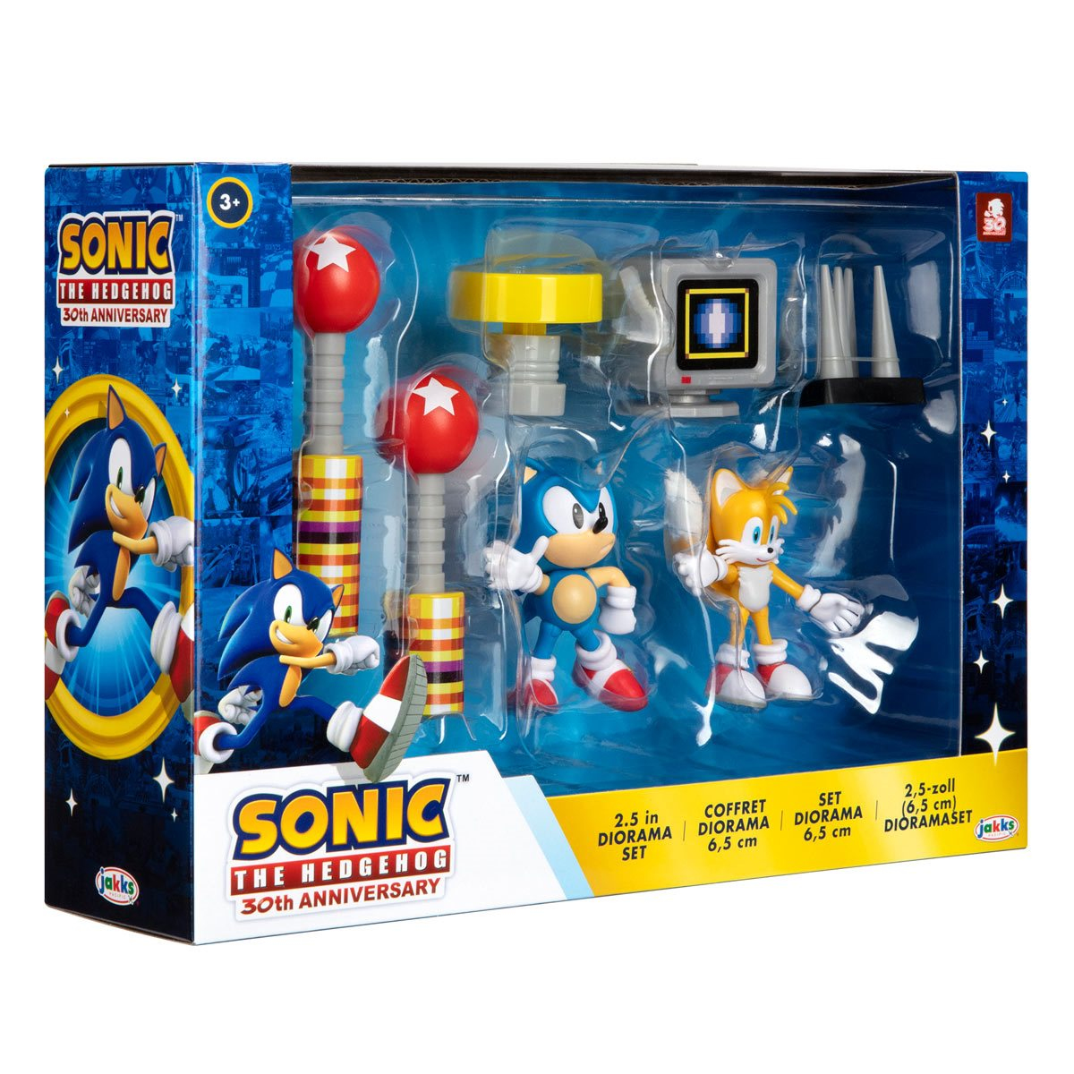 Sonic the Hedgehog Spielzeugset: Sonic, Tails und Kulissen in einer Displaybox.