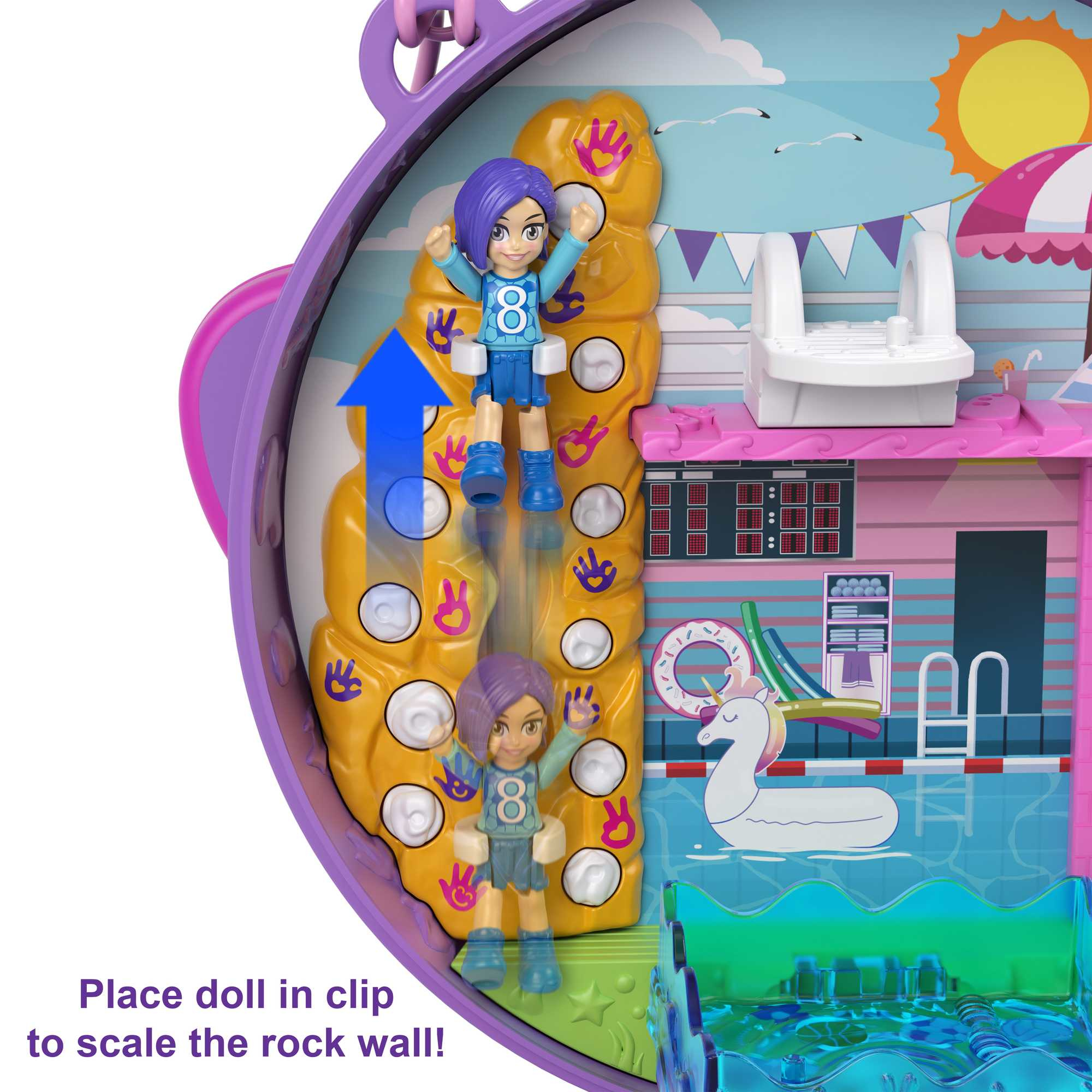 Ein Polly Pocket Spielset mit Puppen, einer Pool-Szene und einer Felswand mit Pfeil.