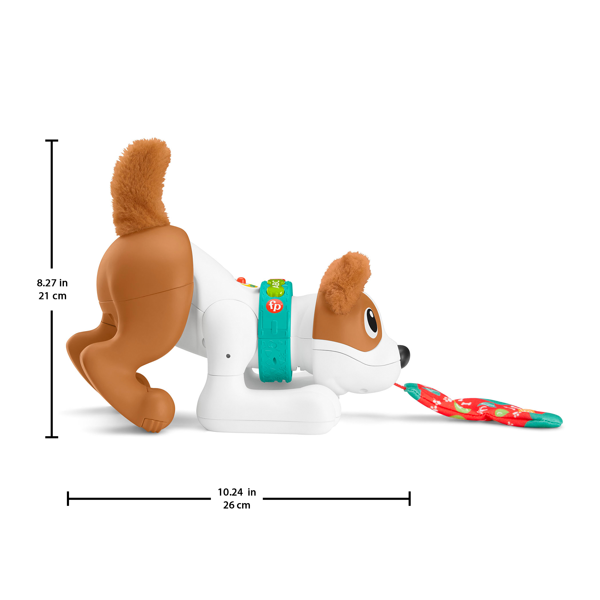 Ein Spielzeughund auf allen Vieren, mit hochgestelltem Schwanz. Weiß und Braun sind sichtbar. Ein rotes Spielzeug davor.