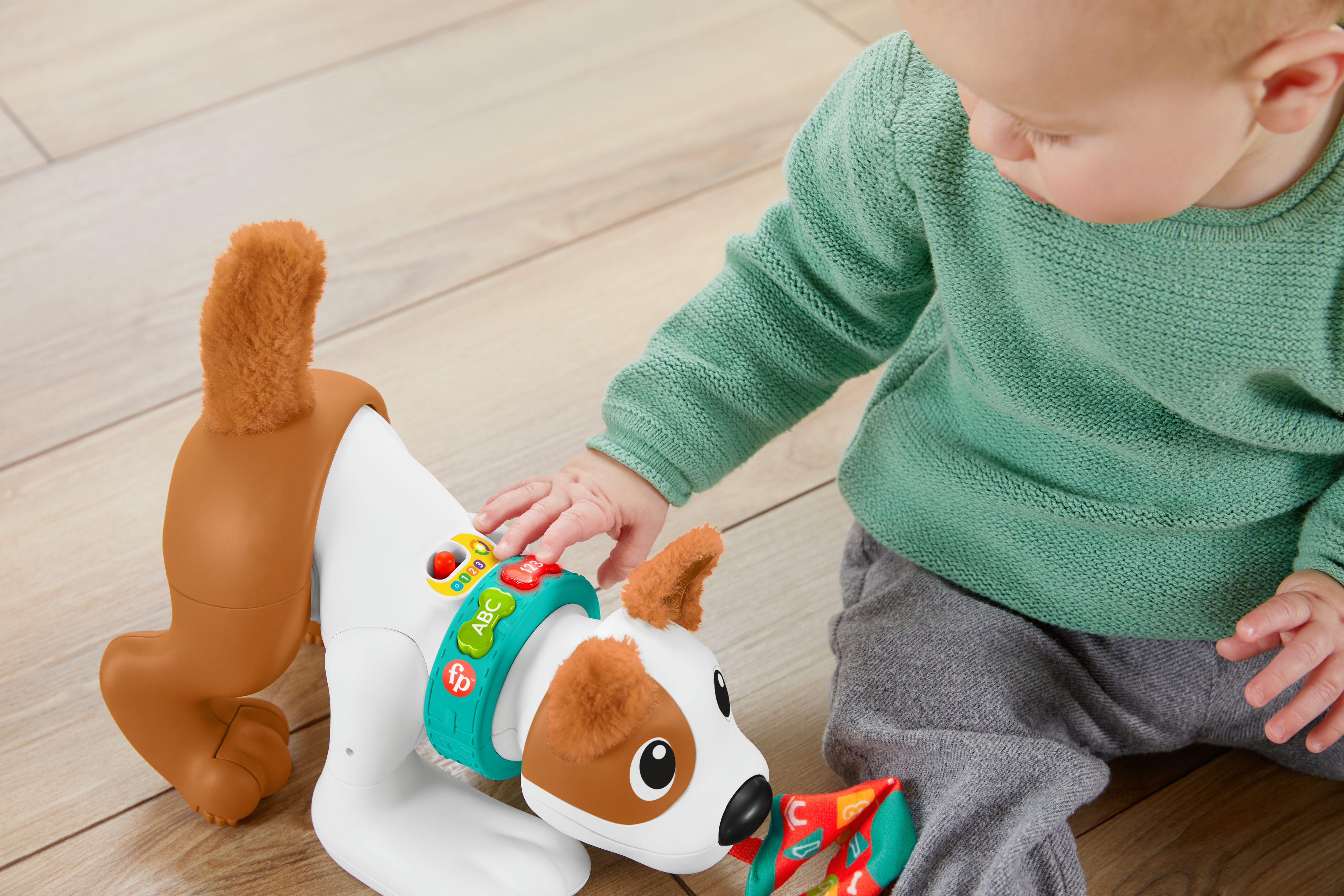 Ein Baby interagiert mit einem Spielzeughund. Der Hund ist weiß und braun, mit einem grünen Halsband.