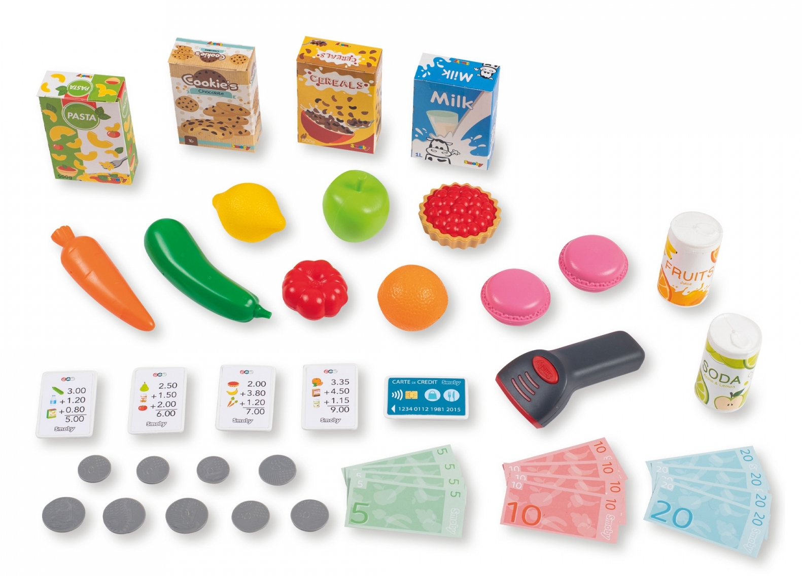 Kolekcja zabawek spożywczych: makaron, ciastka, płatki zbożowe, mleko, owoce, ciasta i pieniądze.
