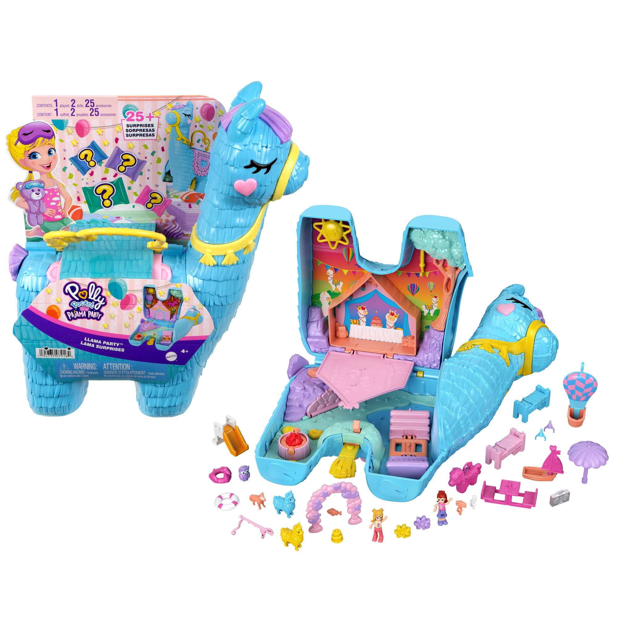 Ein lamaförmiges Spielset ist geöffnet und zeigt Spielfiguren.