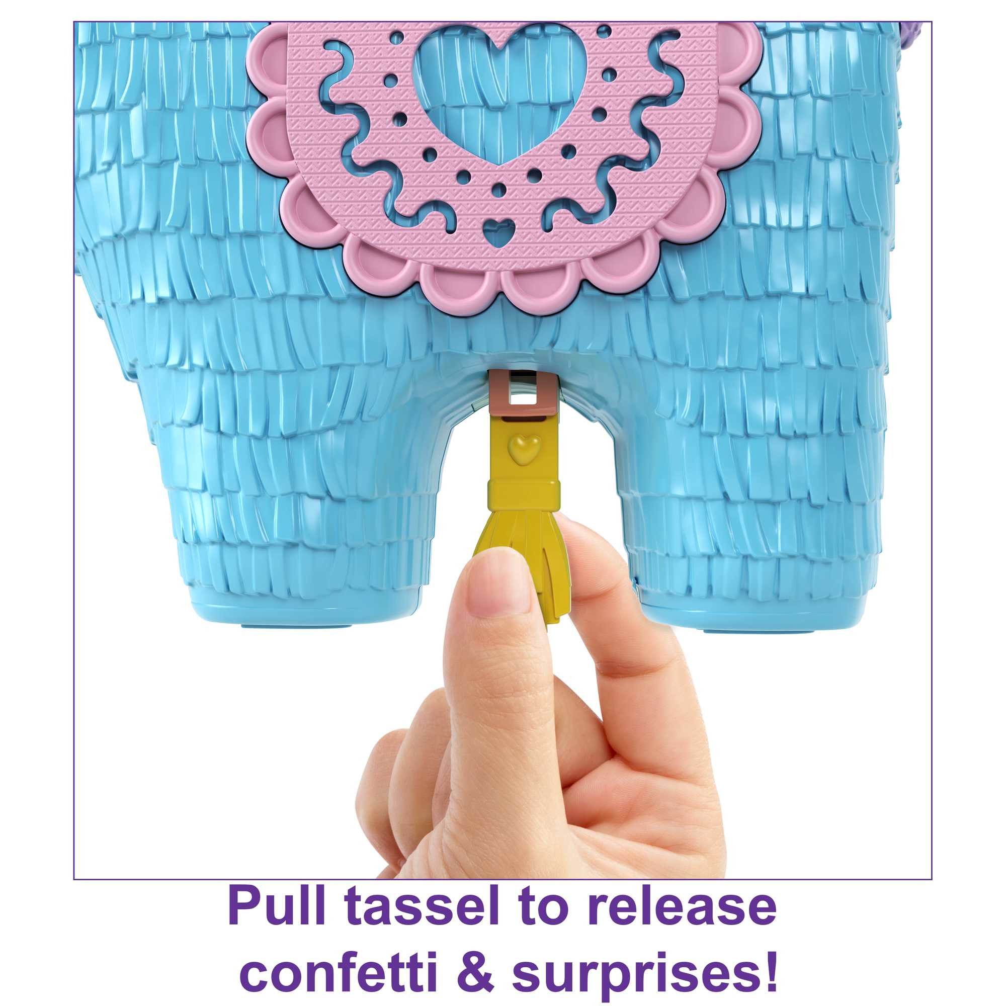 Hand zieht gelbe Quaste aus blauer Lama-Piñata, Konfetti und Überraschungen freisetzend.