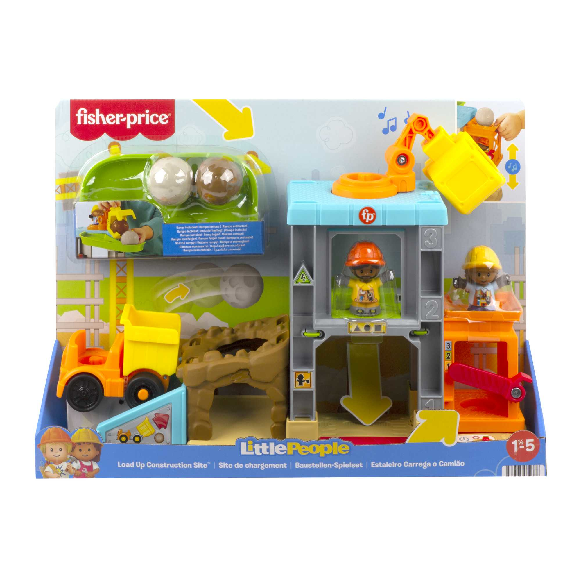Set de juego de construcción Fisher-Price. Incluye figuras, un camión y una grúa.