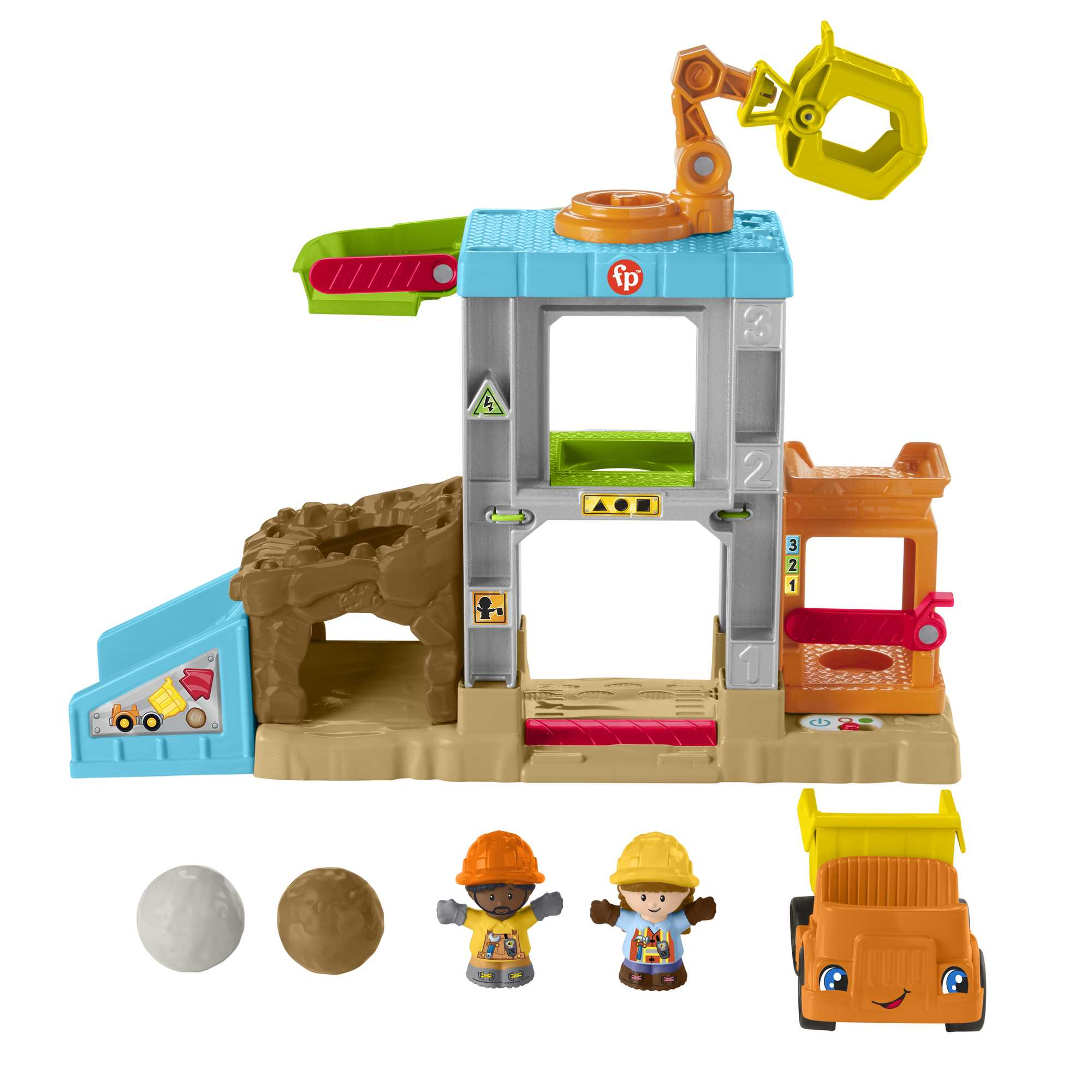 Un sitio de construcción de juguetes colorido con figuras, bolas y un camión.