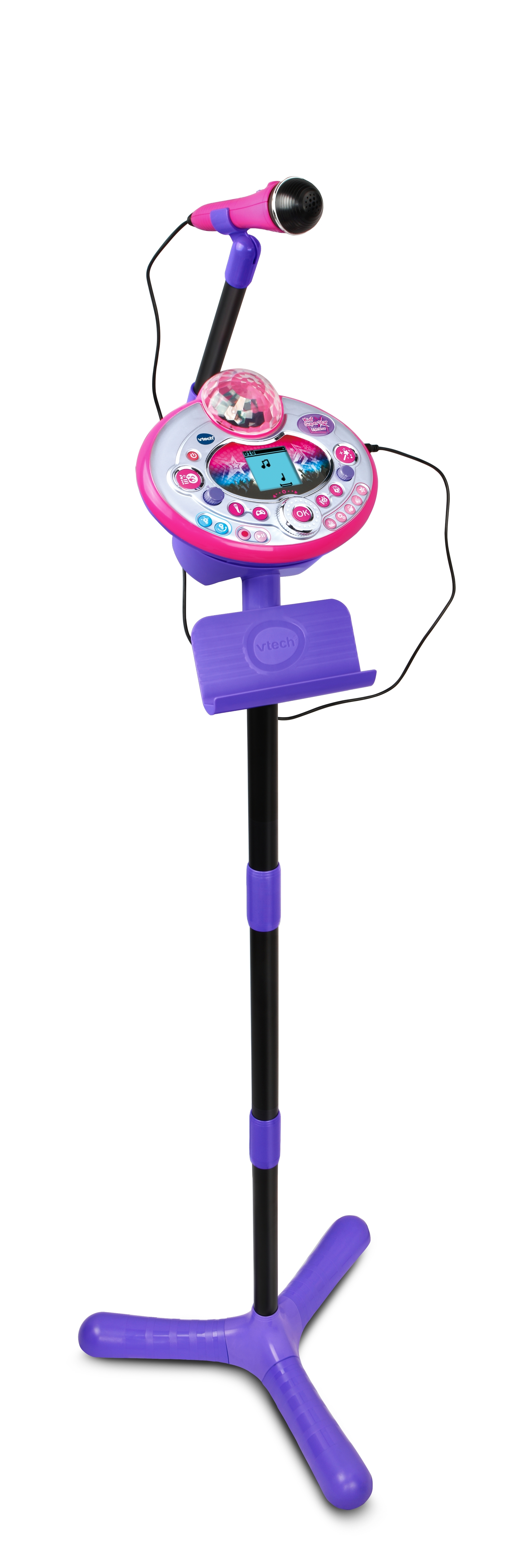 Różowa i fioletowa maszyna do karaoke z mikrofonem i stojakiem. Tekst: VTech i ekran.