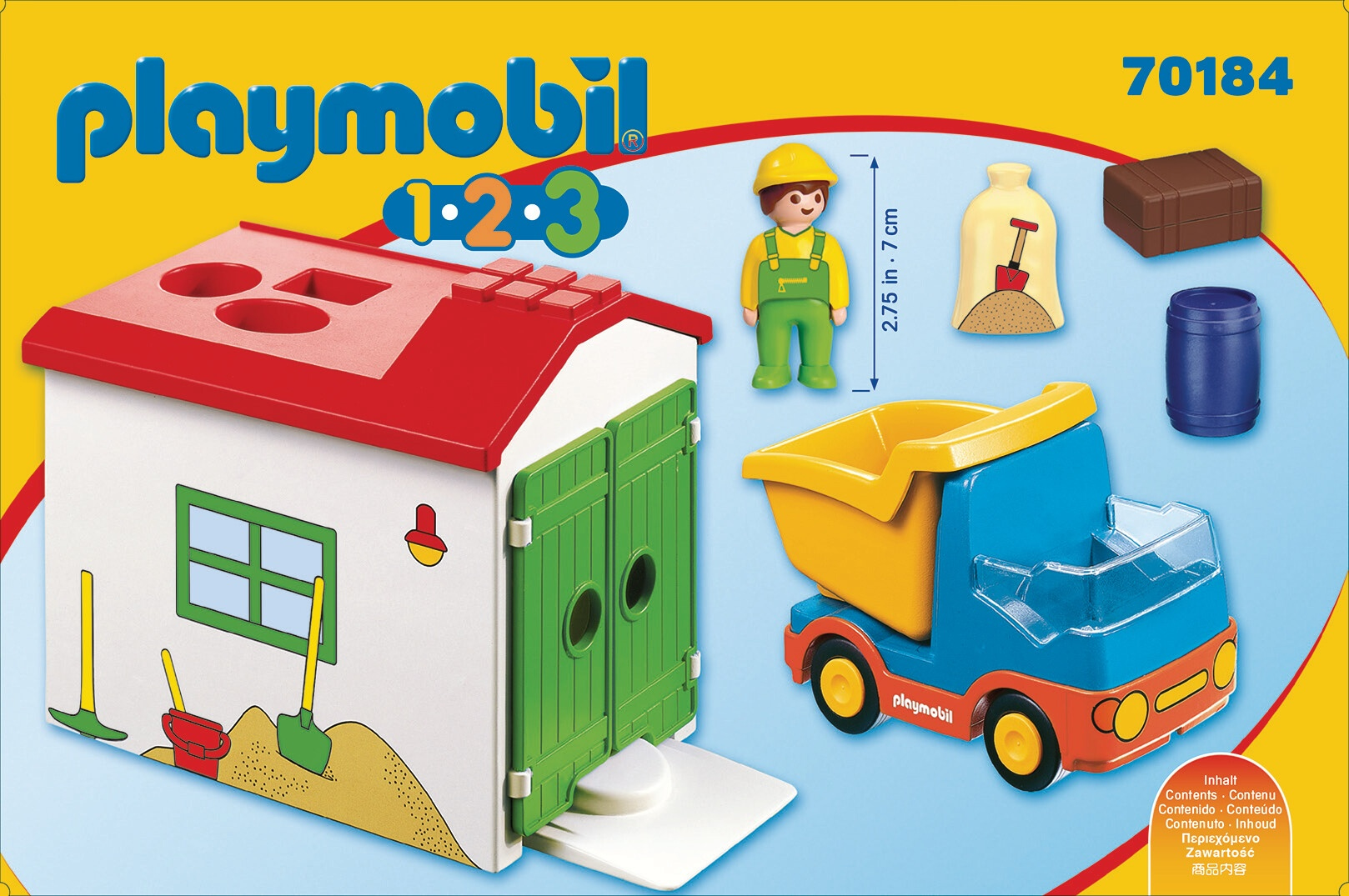 Playmobil-Spielset mit Schuppen, LKW, Figur und Zubehör. Der LKW ist gelb und blau.