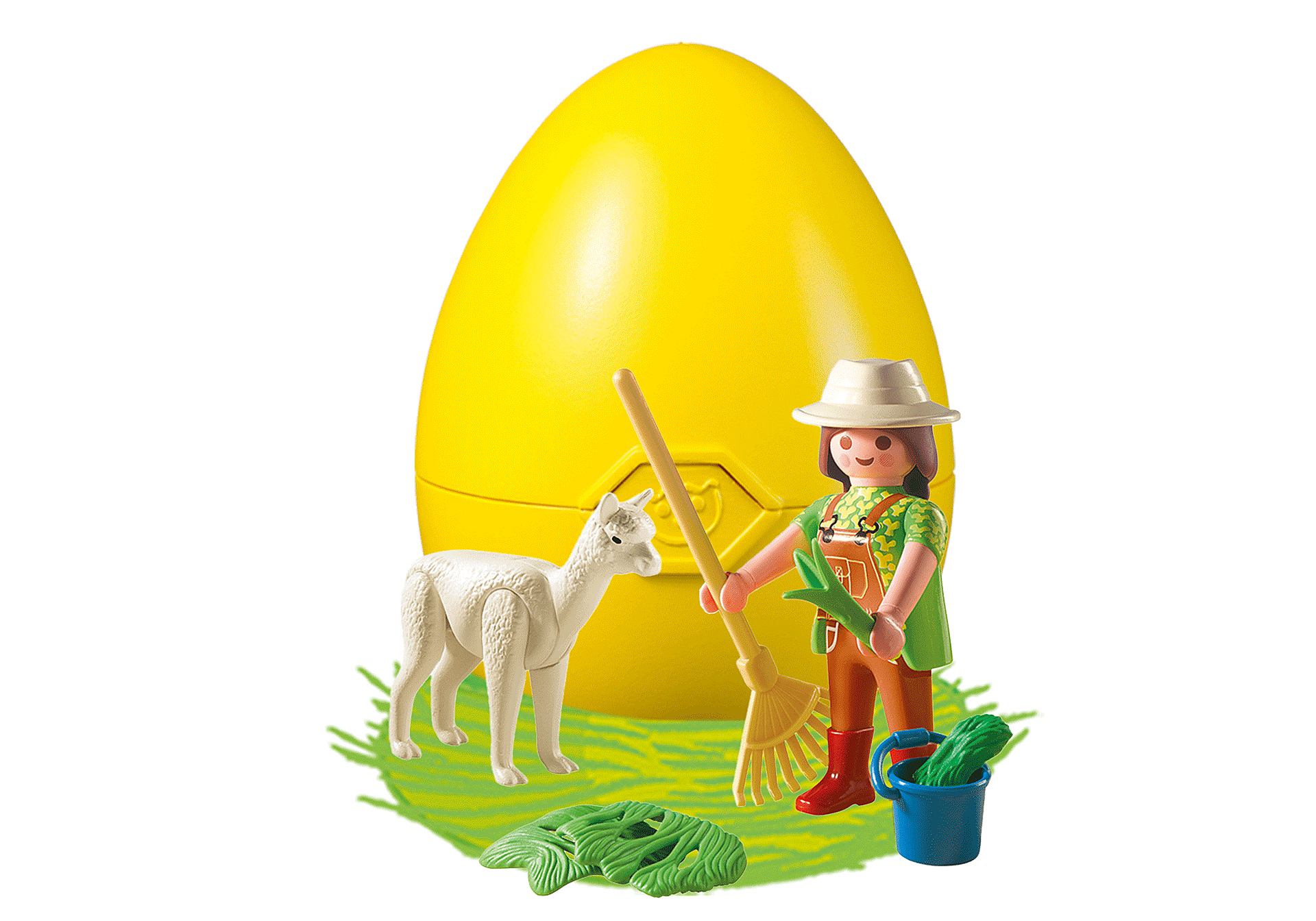 Eine Spielfigur mit Rechen und Eimer, ein Lama und ein großes gelbes Ei.