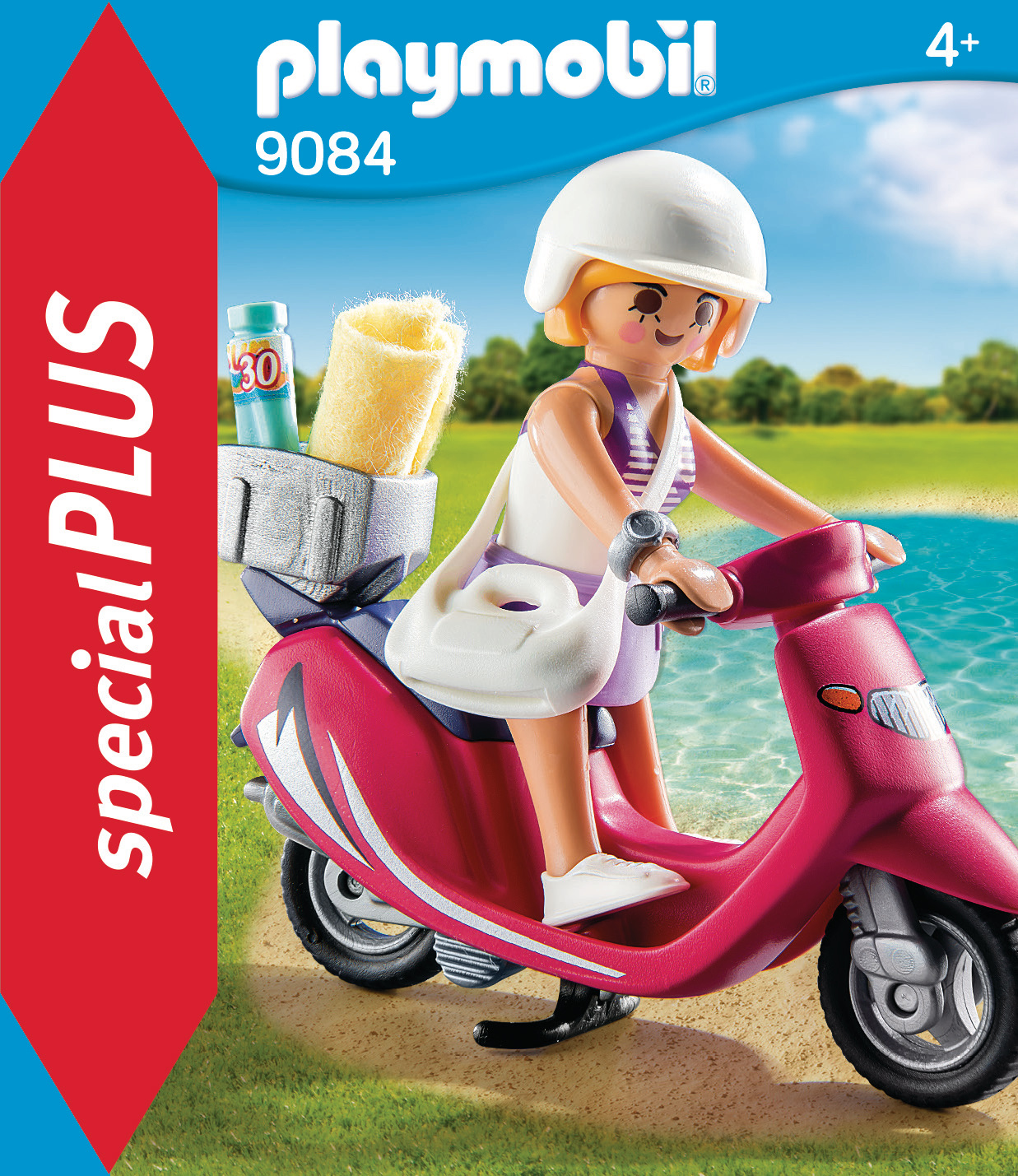 Playmobil-Figur, die mit einer rosa Vespa mit weißer Tasche und Wasserflasche fährt.