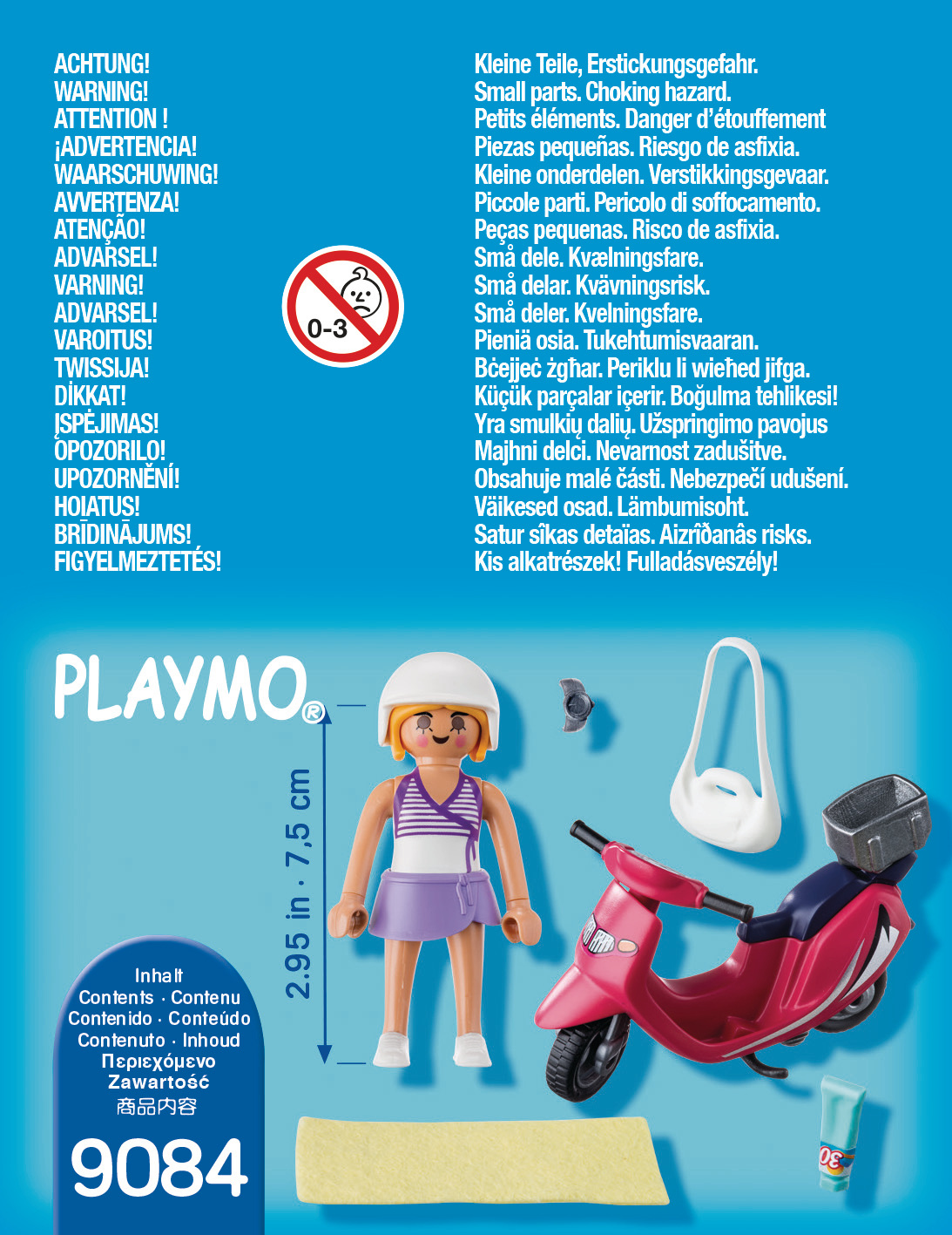 Playmobil-Spielset mit Roller, Figur, Zubehör und Sicherheitshinweisen.