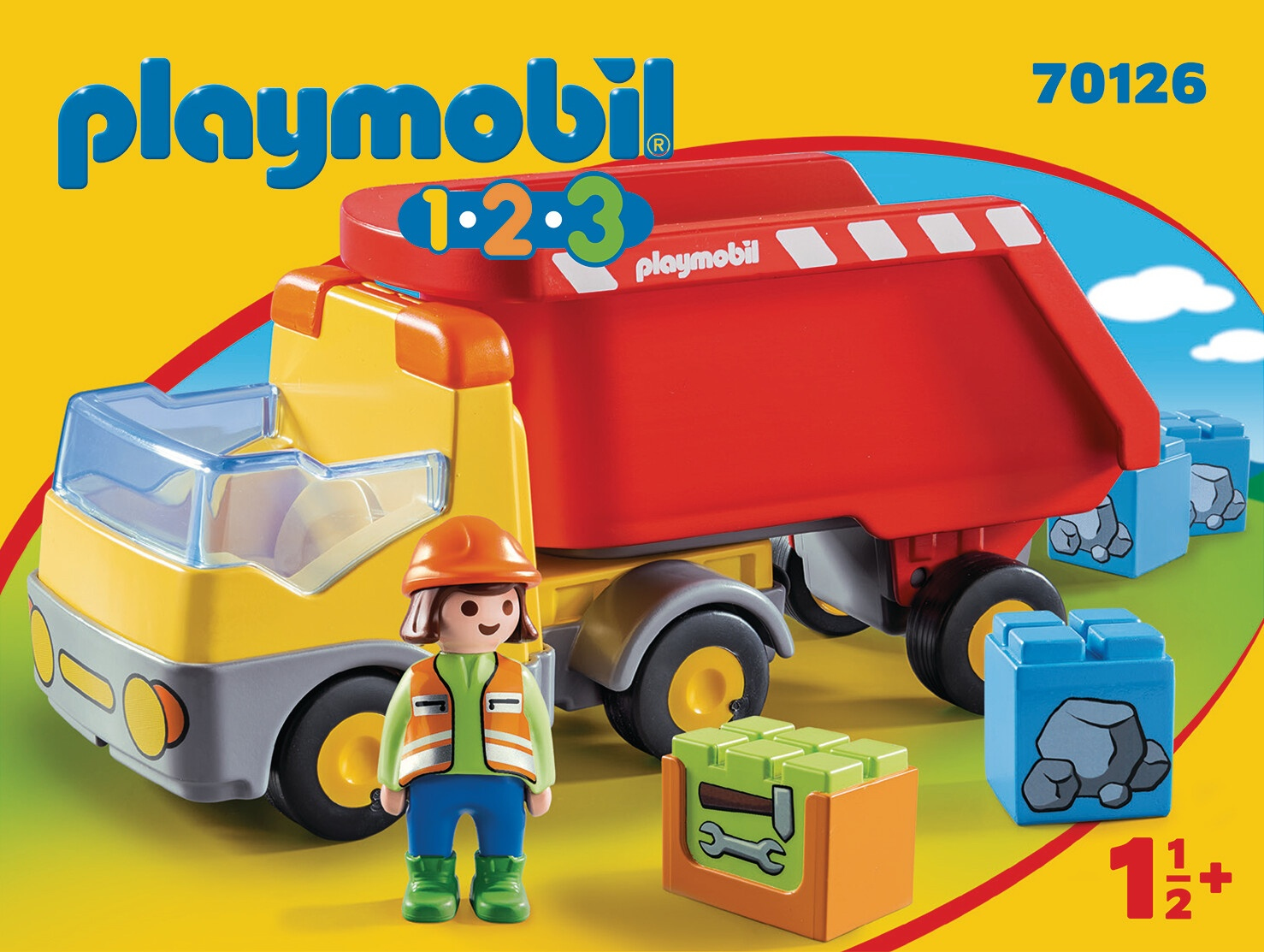 Playmobil-Baufahrzeug-Spielzeug mit einer Figur und Blöcken.