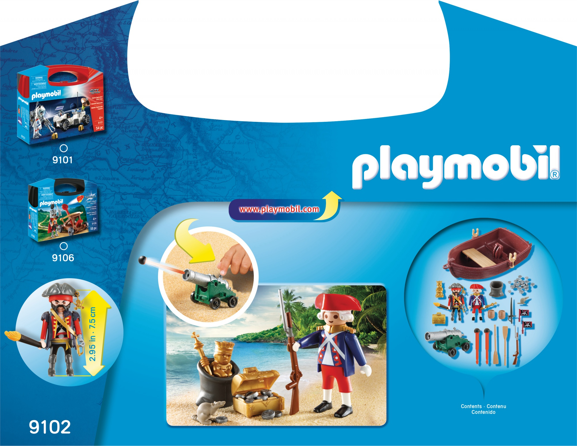Playmobil-Box mit Piratenszene, Kanone und Figuren auf Strandhintergrund.
