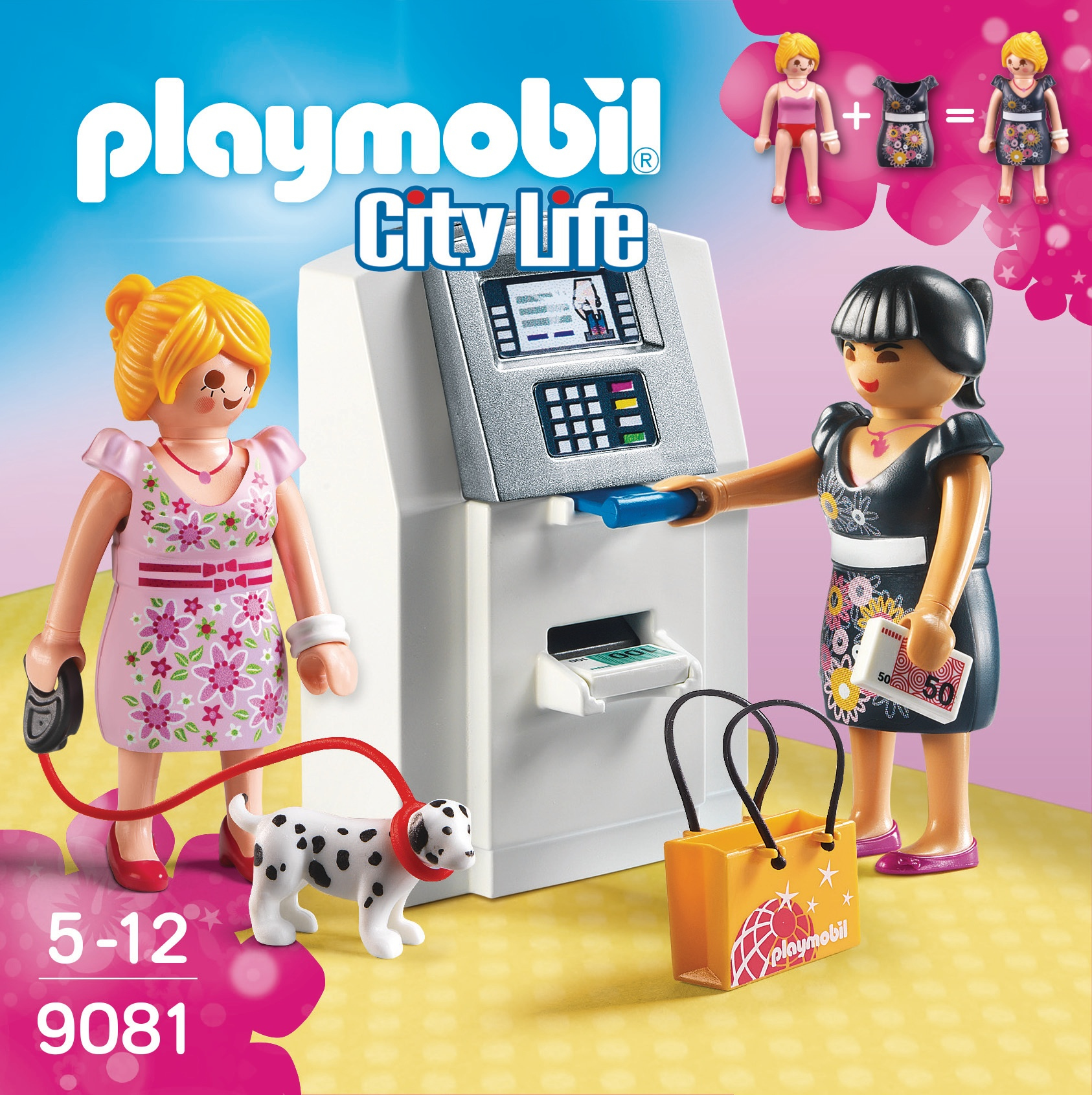 Playmobil-Spielset mit Figuren, Geldautomat, Hund, Einkaufstasche.
