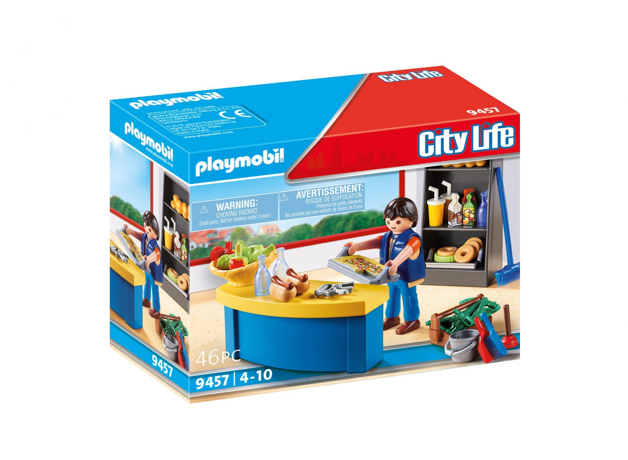 Pudełko z zabawkami Playmobil pokazuje scenę z postaciami w kuchni.