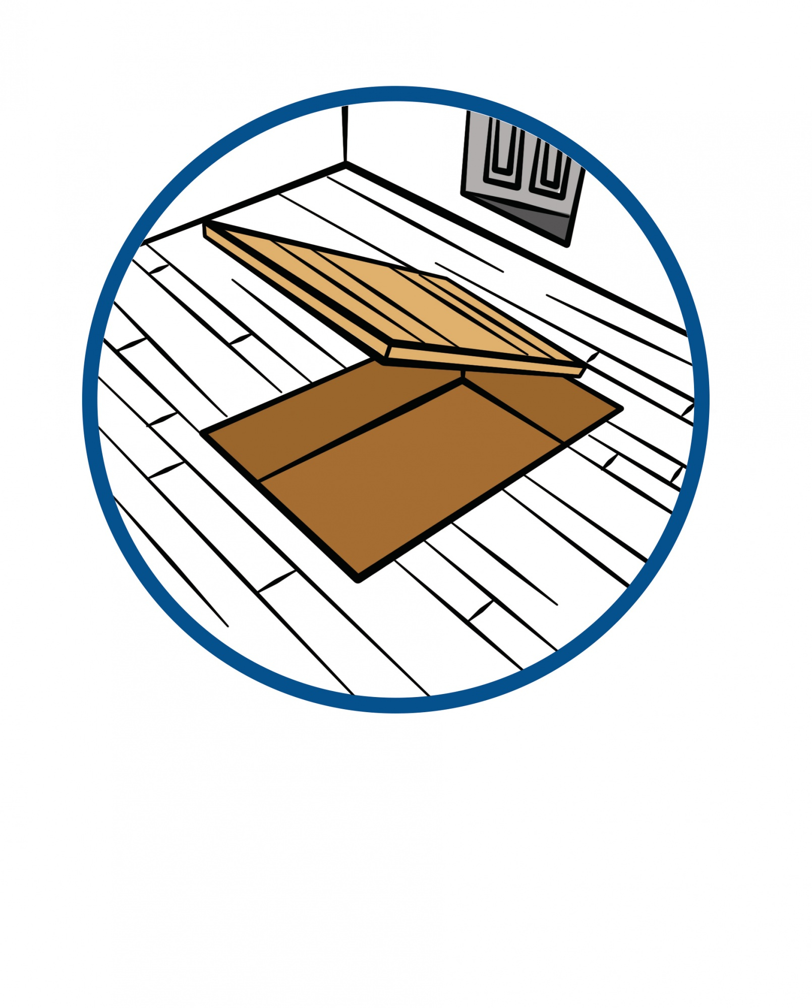 Eine Illustration eines Raumes mit Holzboden, einer braunen Matte und einer offenen Holztür.