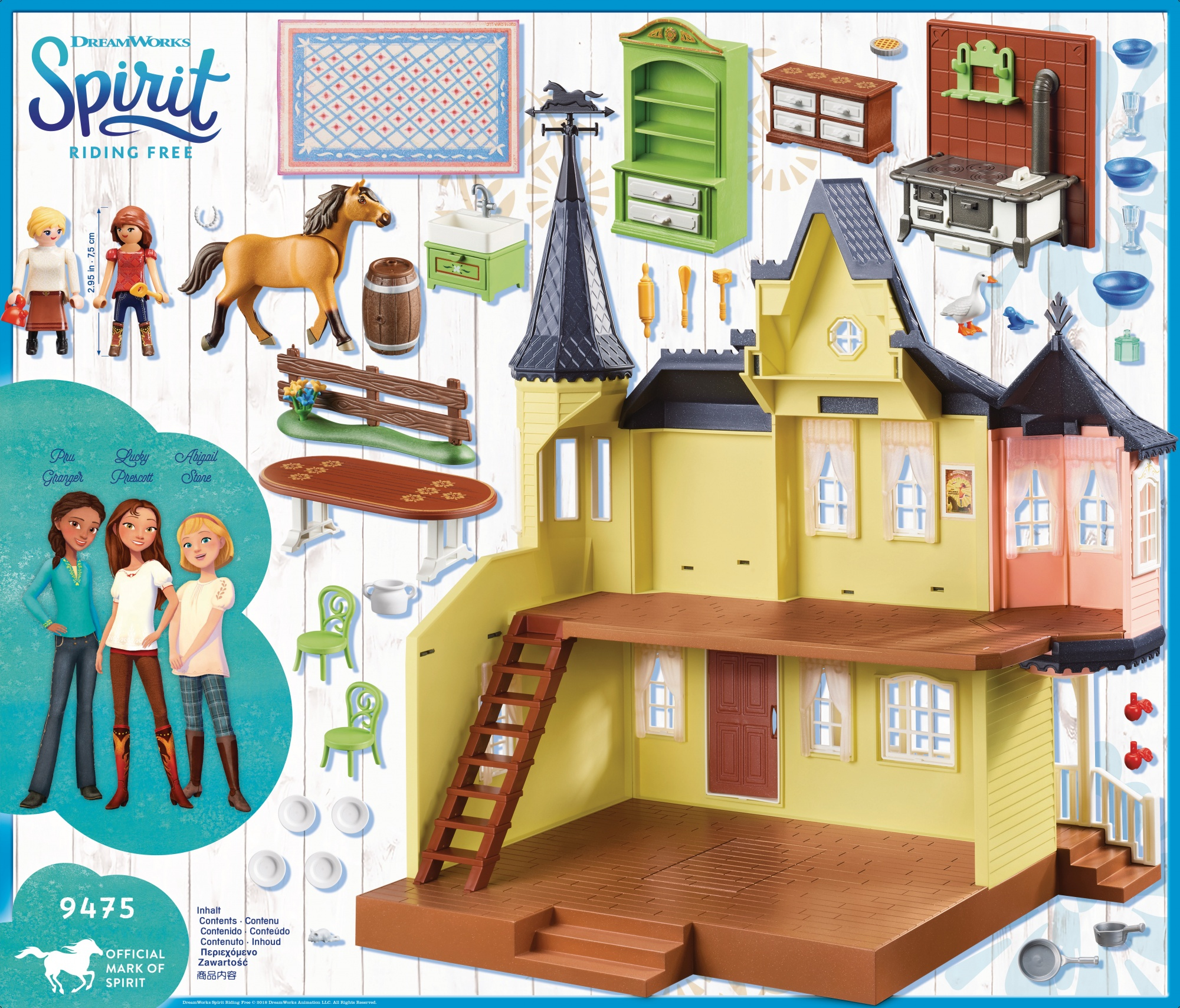 Playmobil Spirit Riding Free Set mit Figuren, Haus, Pferd und Zubehör auf Weiß.