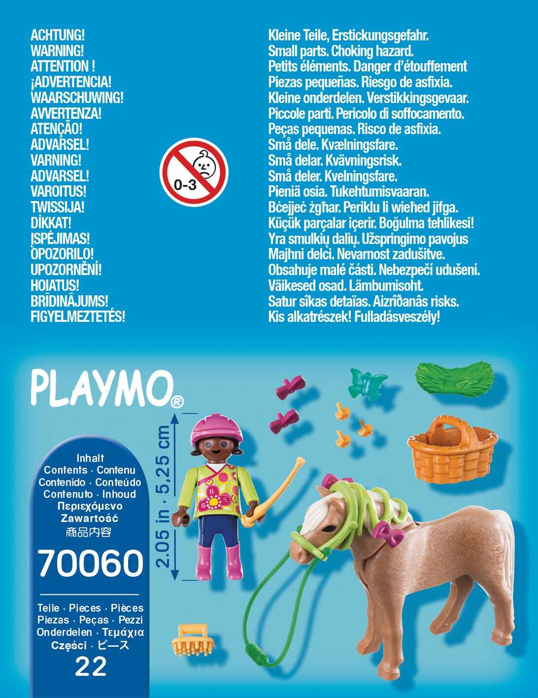 Zestaw Playmobil z dziewczynką, kucykiem i akcesoriami. Widoczne są również znaki ostrzegawcze.