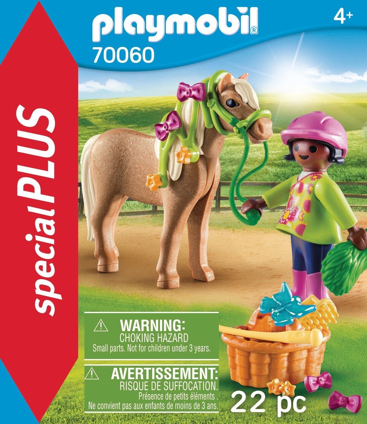 Zestaw Playmobil: koń, dziewczyna, akcesoria, różowa kokarda na koniu, kosz i zielona trawa.