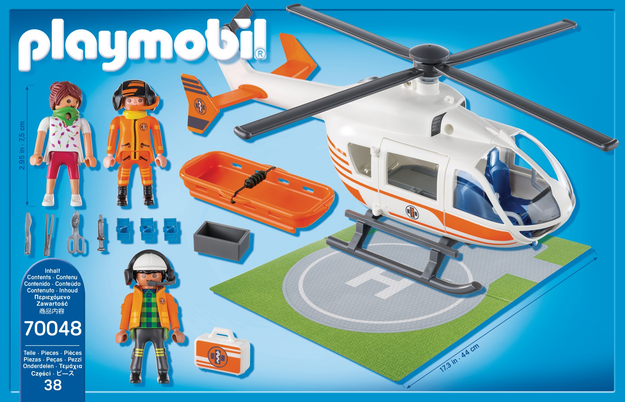 Playmobil-Rettungshubschrauber und Figuren mit Landeplatz und Zubehör auf blauem Hintergrund.