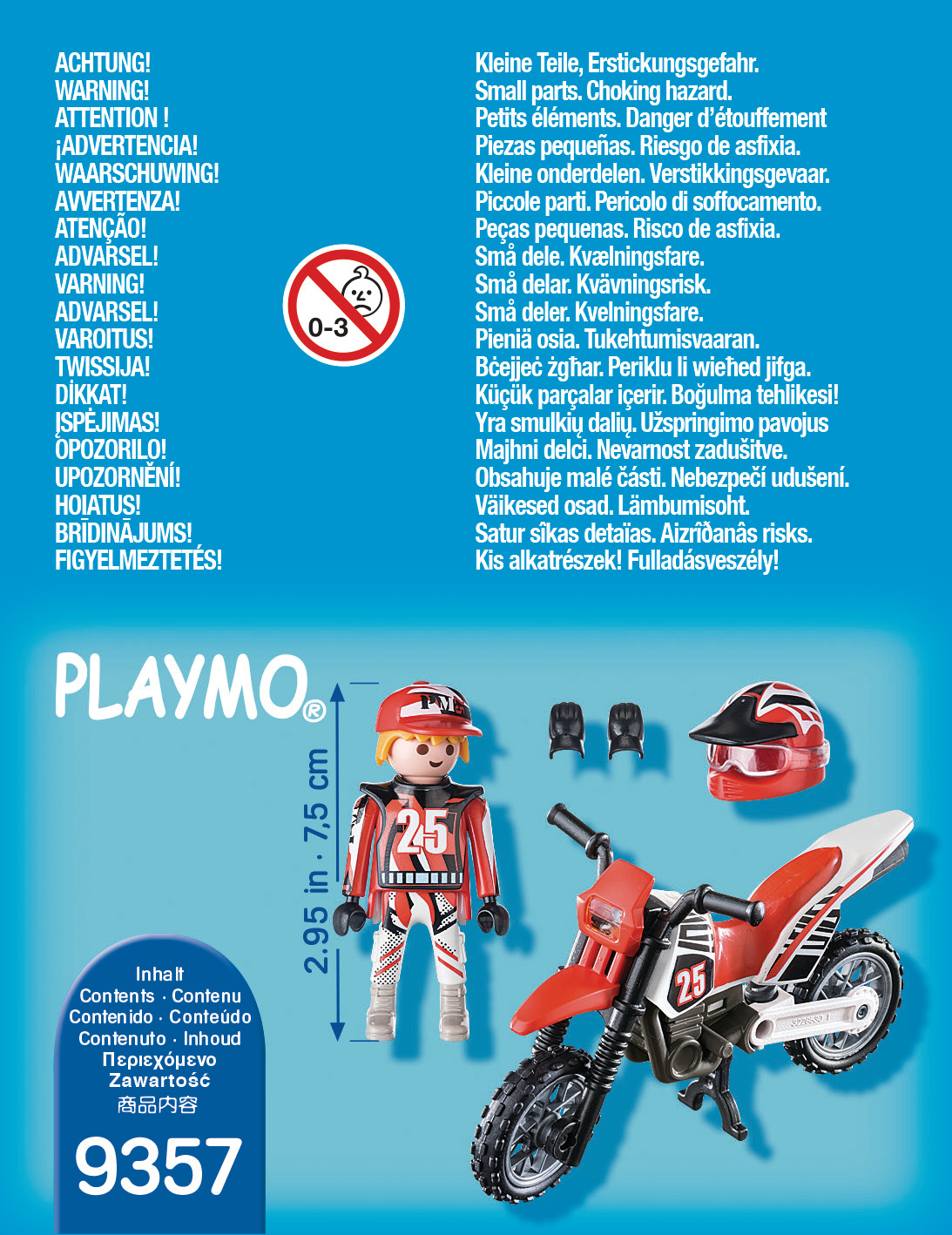 Pudełko z zabawkami Playmobil. Zawiera czerwono-biały motocykl i figurkę w czerwono-białym stroju wyścigowym.