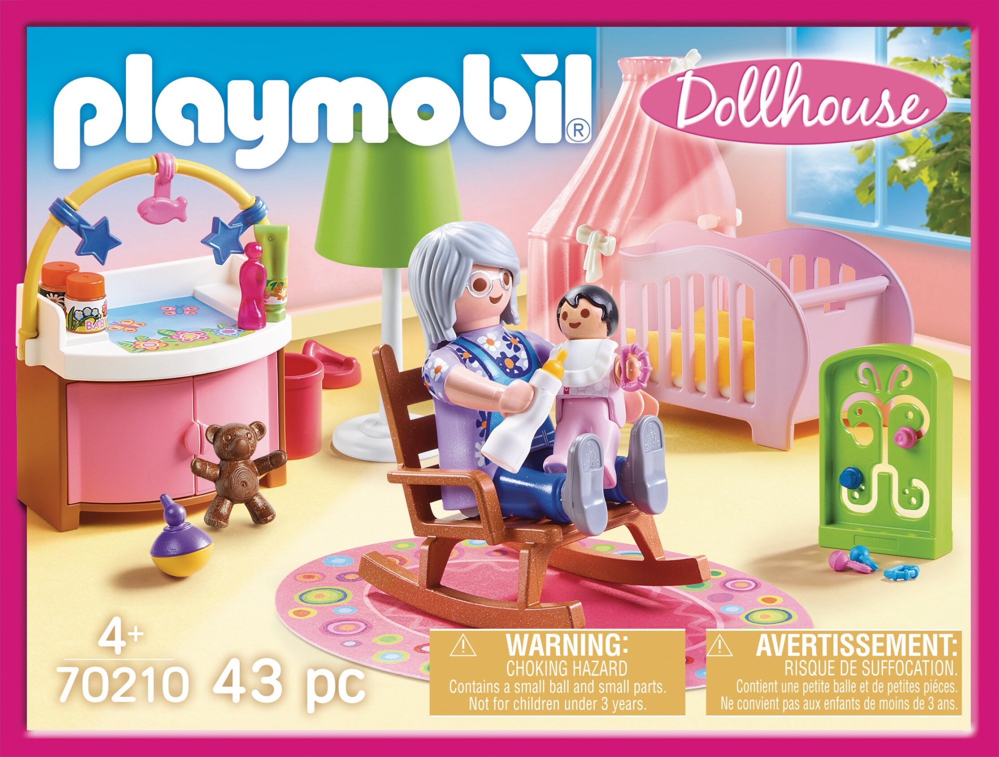 Scena domku dla lalek Playmobil z kobietą, dzieckiem i meblami, w tym kołyską.