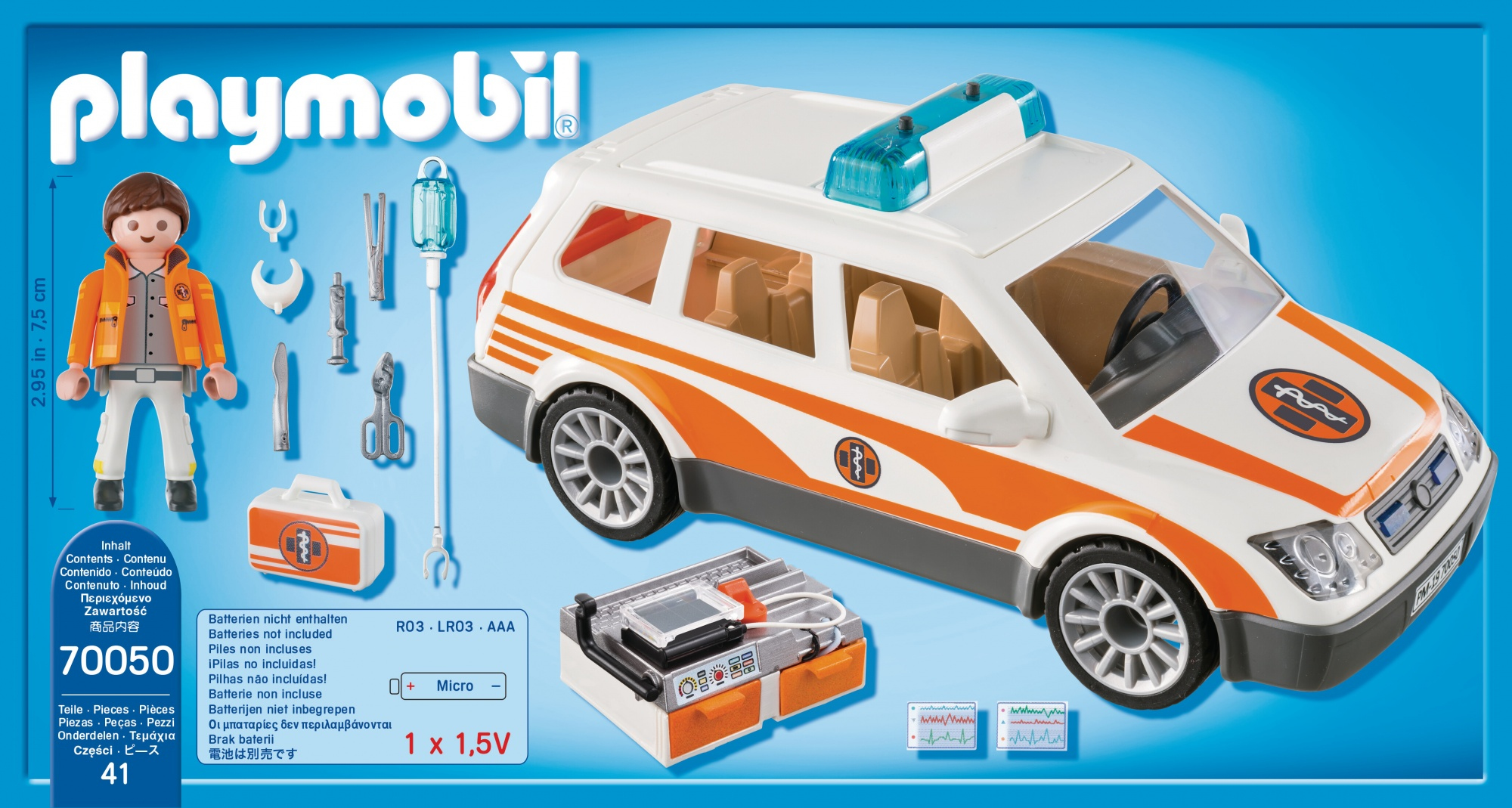 Zabawkowy ambulans Playmobil z figurką i akcesoriami. Ambulans jest biały z pomarańczowymi paskami i niebieskimi światłami.