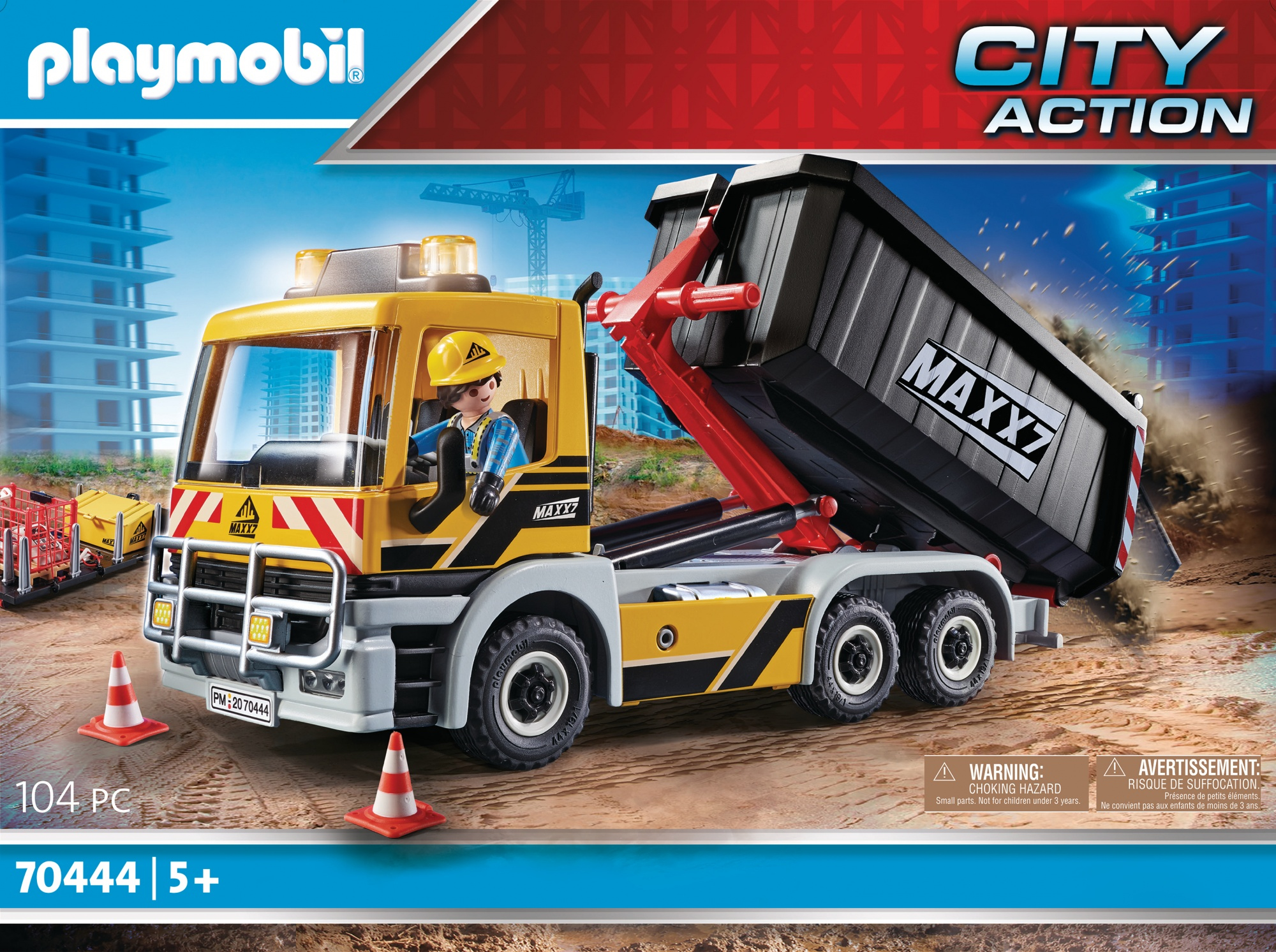 Gelb-schwarzer Spielzeug-LKW mit einem MAX7-Container.