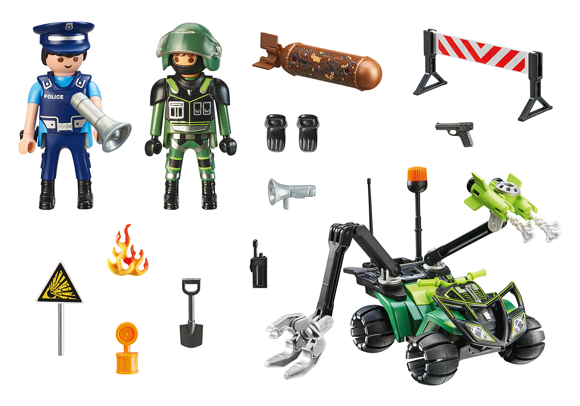 Zestaw Playmobil: Policjant, pirotechnik, bomba, robot i akcesoria.